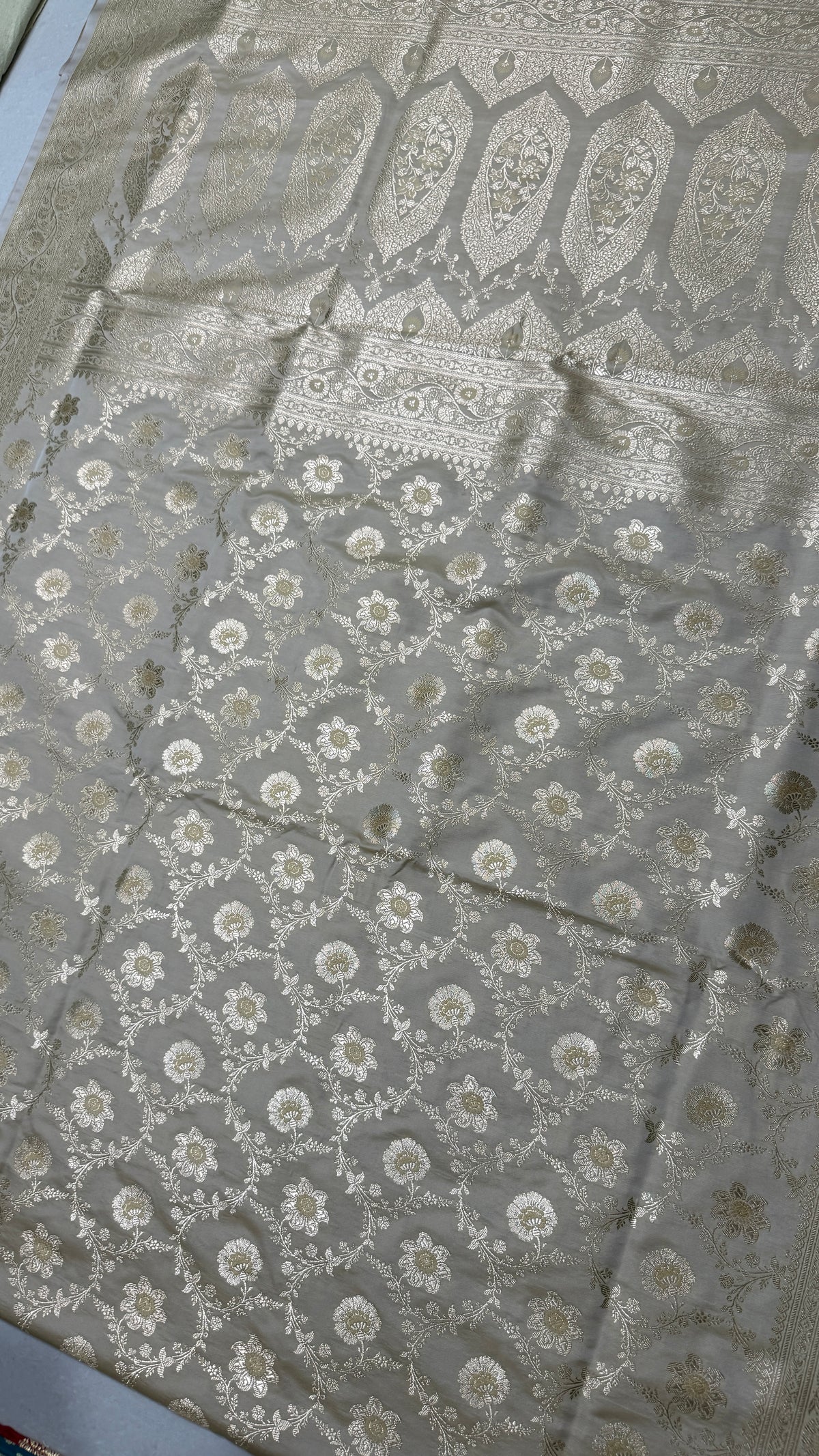 Pure Katan Silk Saree: Pearl Silver Floral Zari Woven Indian Wedding Festive Traditional Bridal