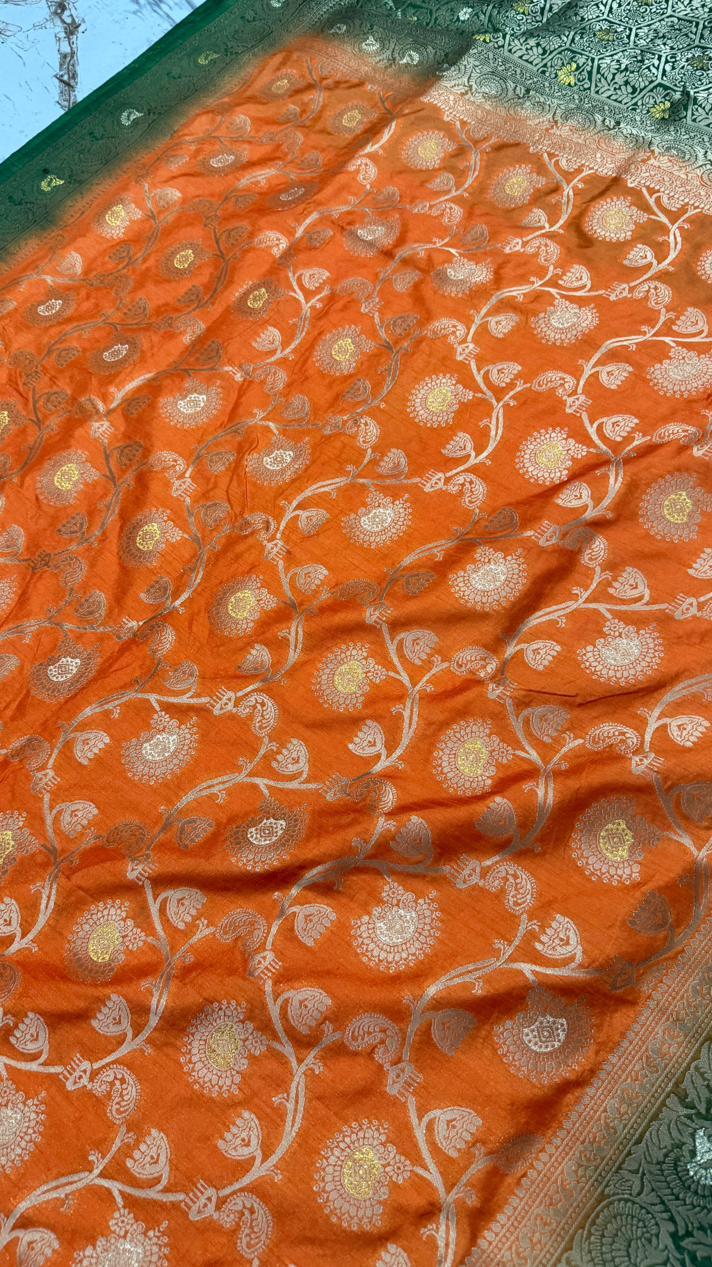 Orange Dola Silk Saree, Banarasi Zari Woven Floral Motifs, Festive Wedding Wear