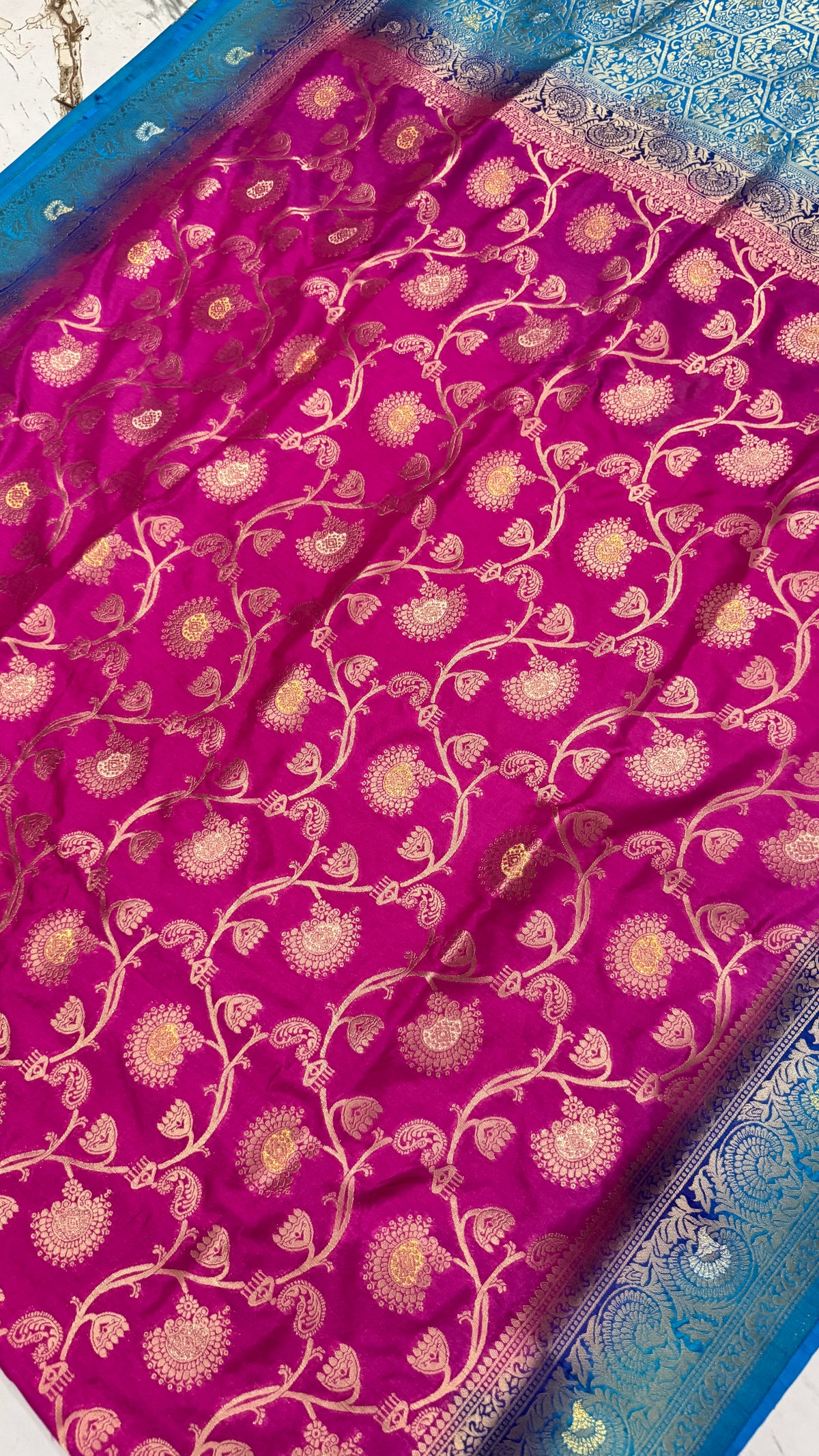 Fuchsia Pink Dola Silk Saree, Banarasi Zari Woven Border, Floral Motifs, Festive Wear