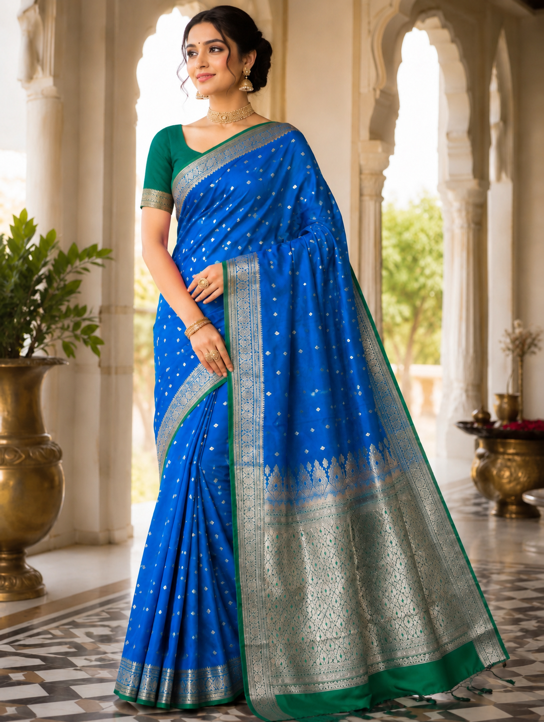 Royal Blue Green Banarasi Silk Saree, Golden Zari Woven Wedding Ethnic Wear