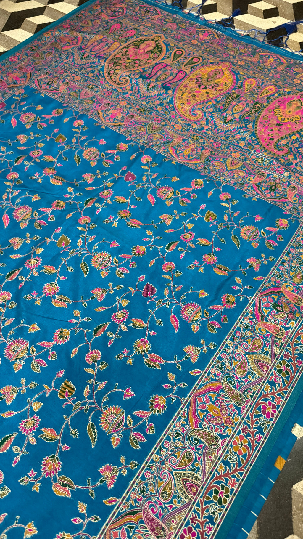Royal Blue Pashmina Silk Saree, Kashmiri Floral Paisley Woven Indian Wedding Wear