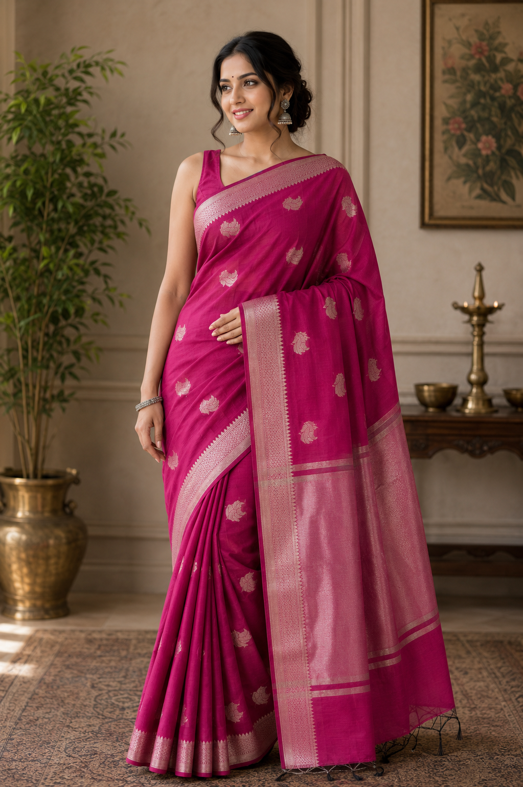 Magenta Pink Cotton Saree, Zari Woven Motifs, Festive Ethnic Wear