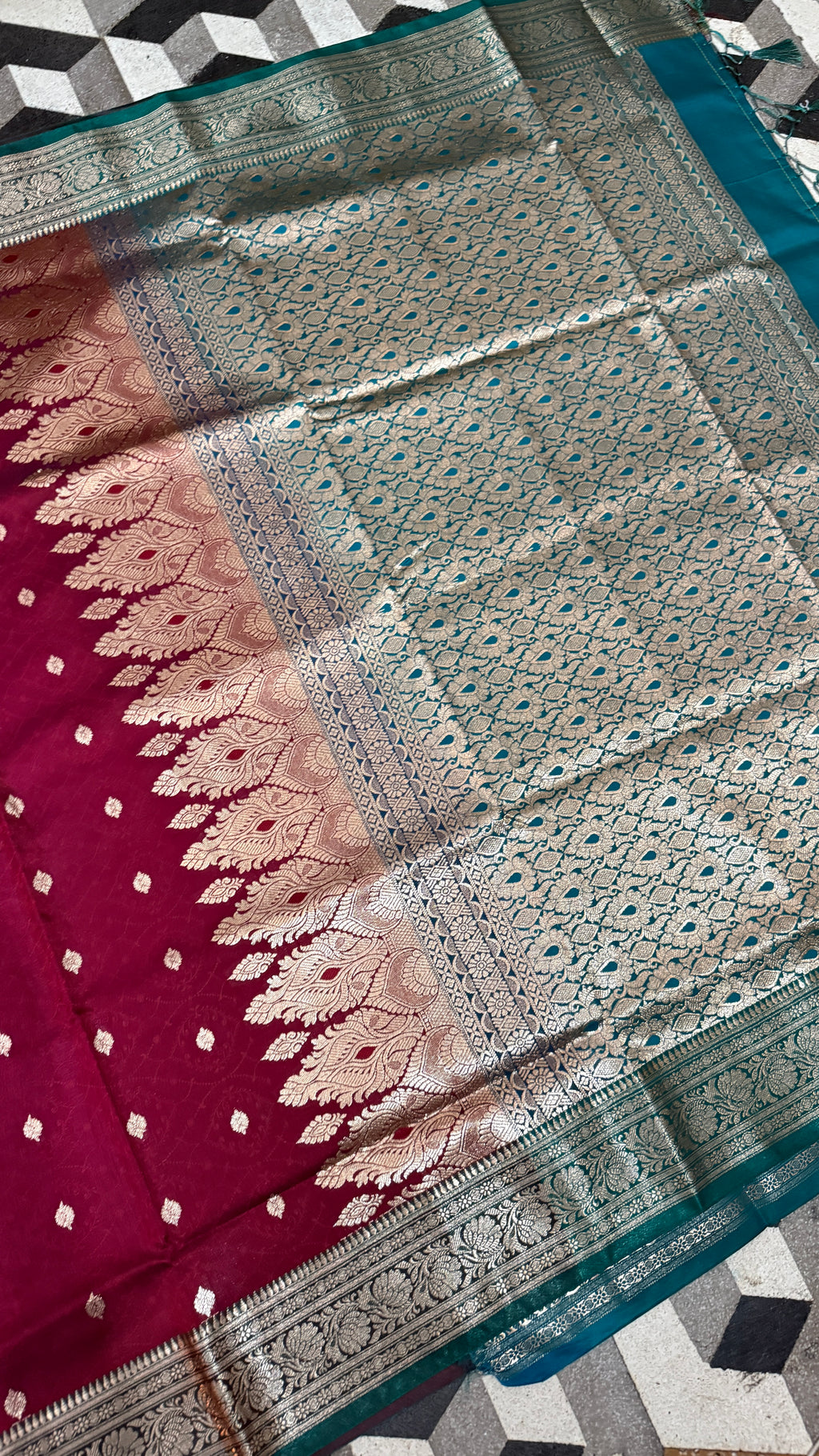 Banarasi Silk Saree Wine Magenta Teal, Golden Zari Woven, Wedding Festive Wear