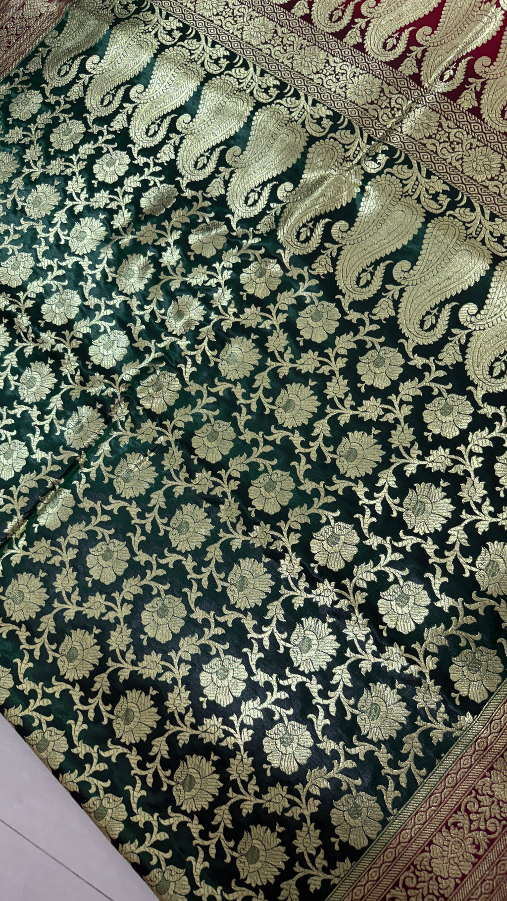 Dark Green Maroon Banarasi Silk Saree, Gold Zari Floral Paisley Wedding Saree