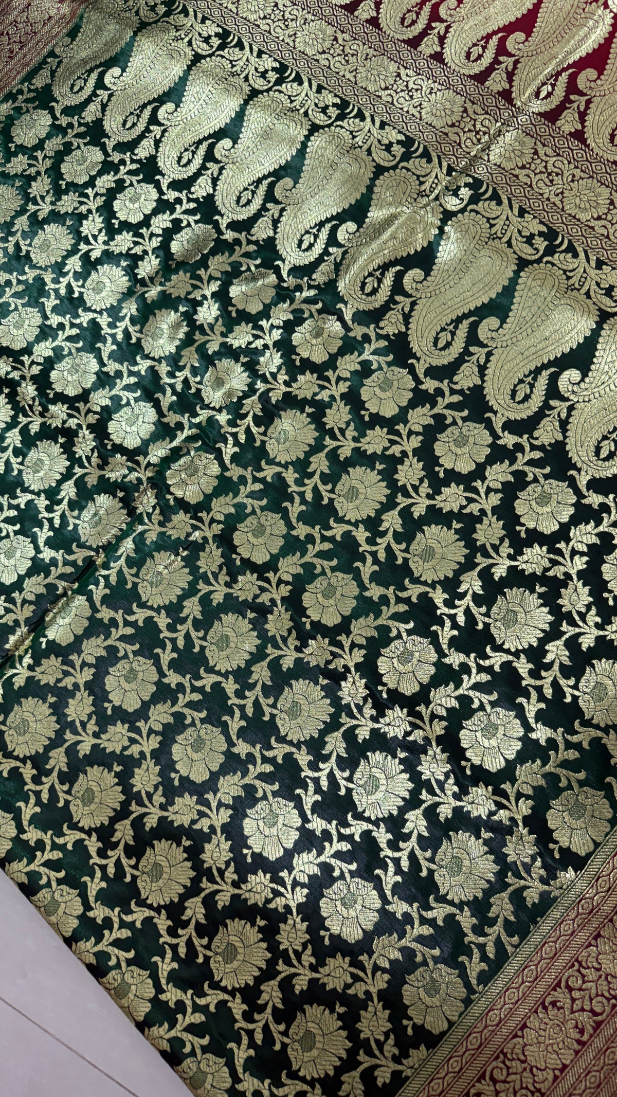 Dark Green Maroon Banarasi Silk Saree, Gold Zari Floral Paisley Wedding Saree