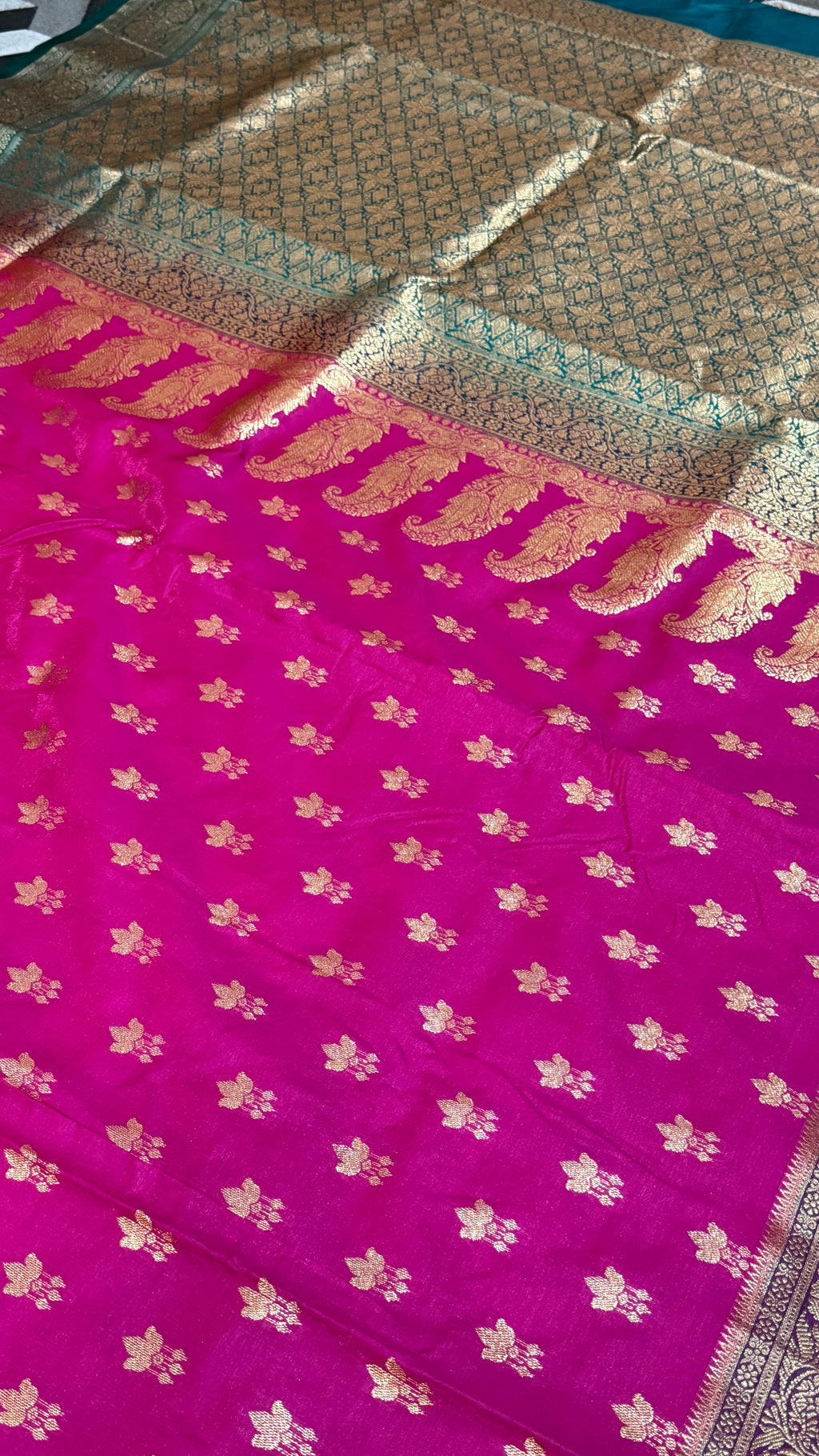 Hot Pink Banarasi Silk Saree with Gold Floral Butti & Rich Zari Border