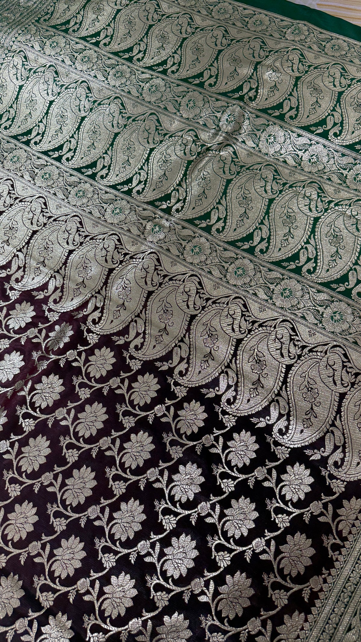 Wine Green Banarasi Silk Saree | Golden Floral Woven Traditional Indian Saree