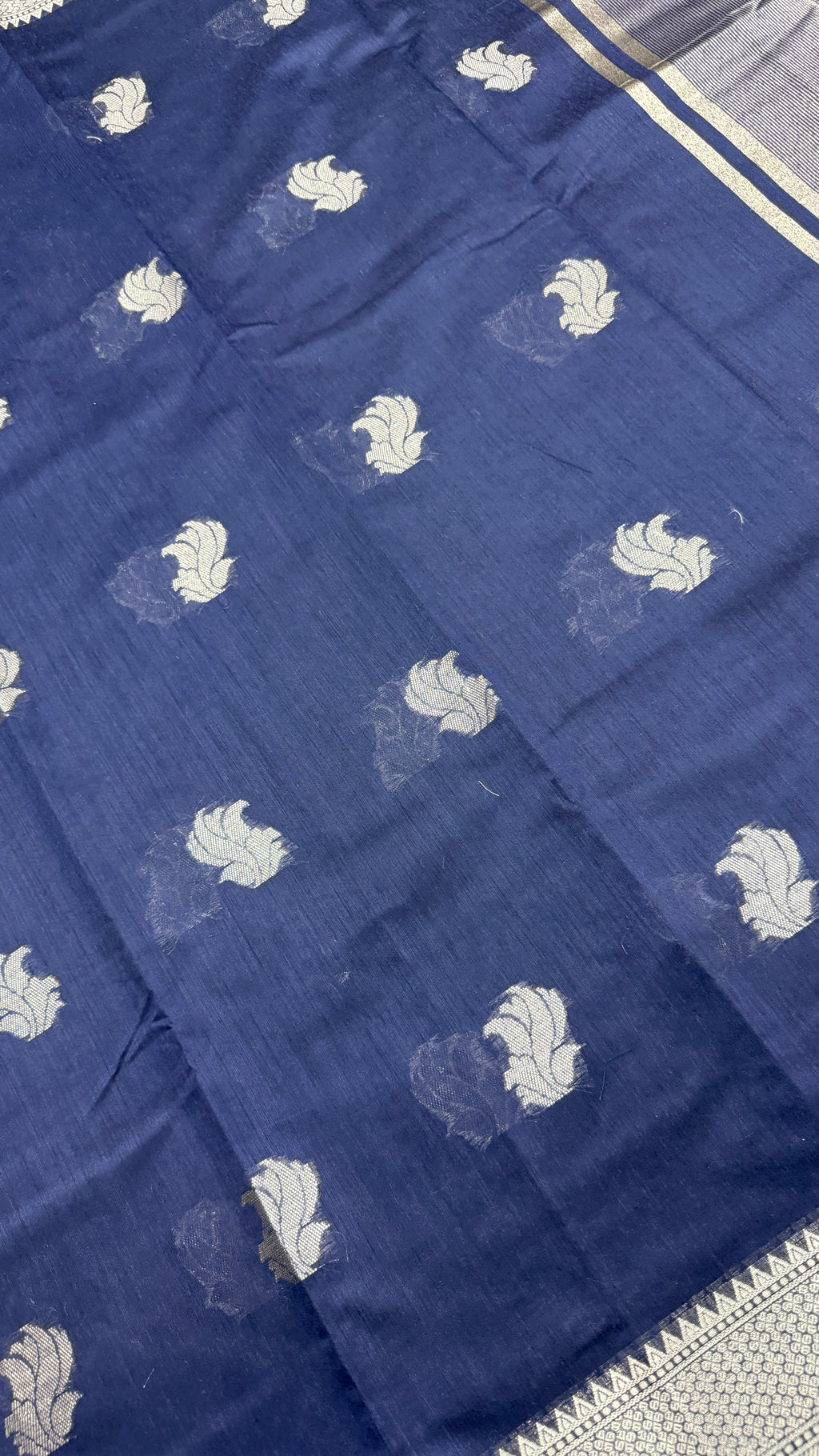 Navy Blue Cotton Saree with Silver Zari Border, Handloom Festive Wear