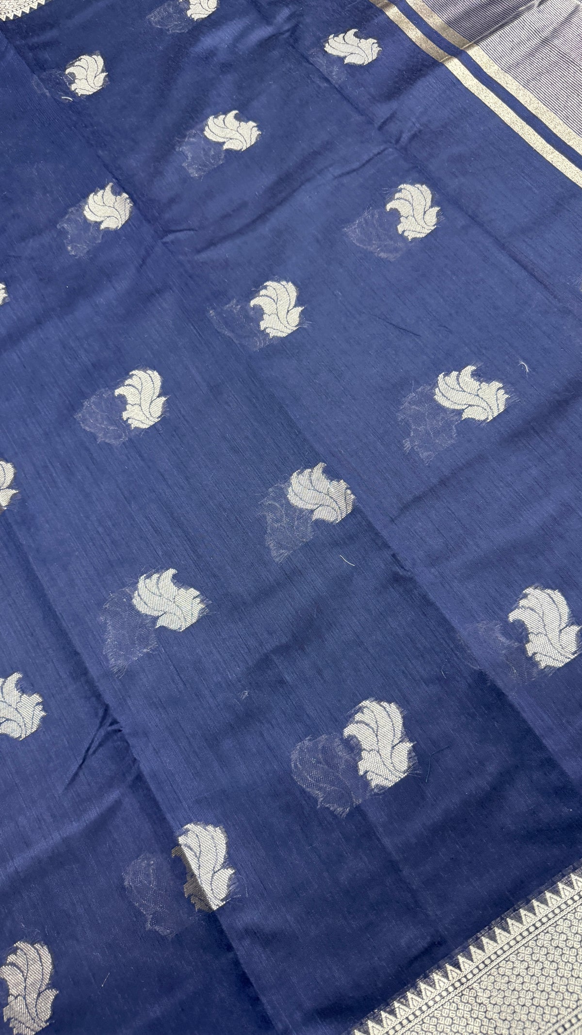 Navy Blue Cotton Saree with Silver Zari Border, Handloom Festive Wear