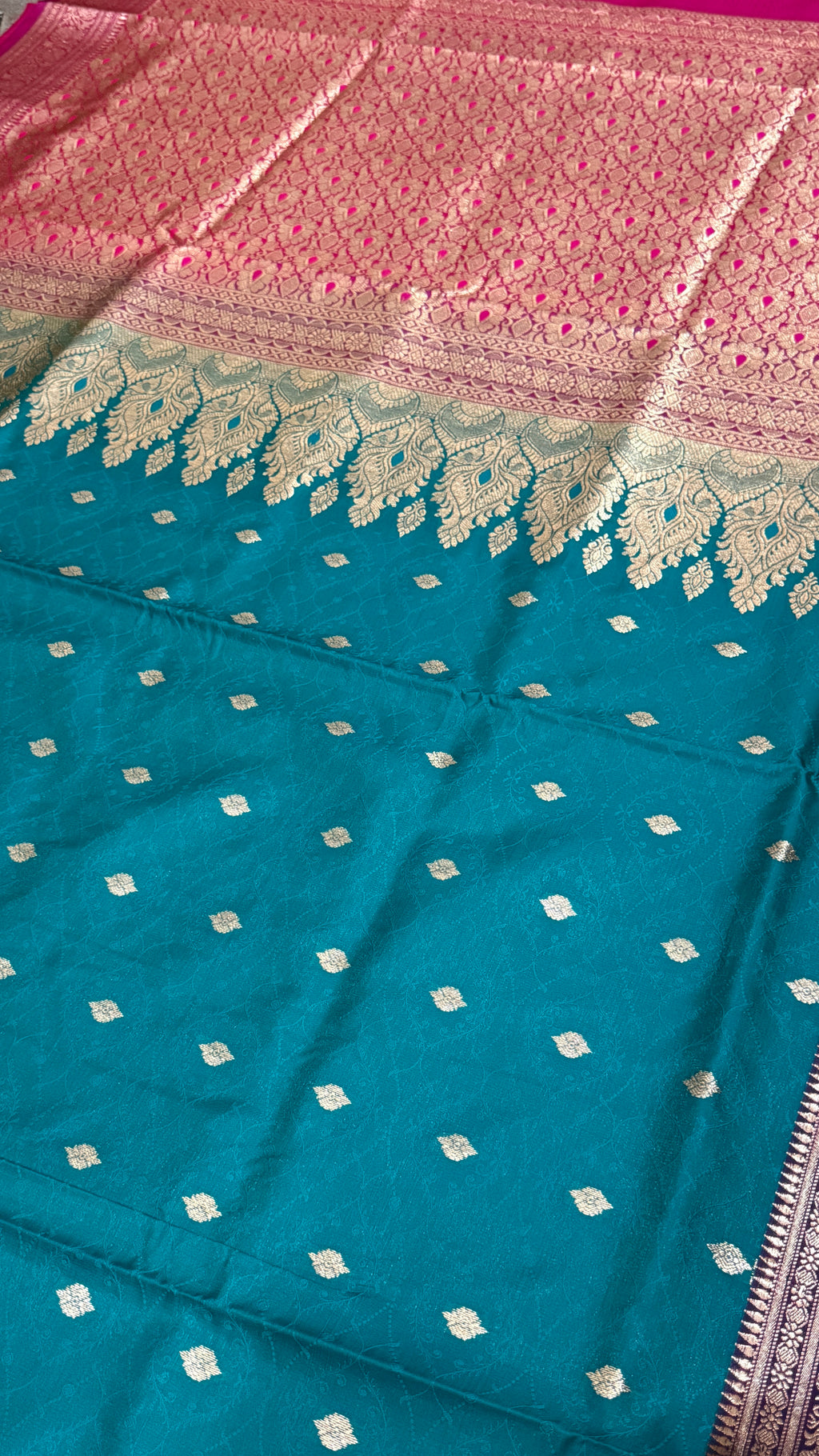 Teal Blue Banarasi Silk Saree, Pink Zari Border, Traditional Indian Wedding Wear