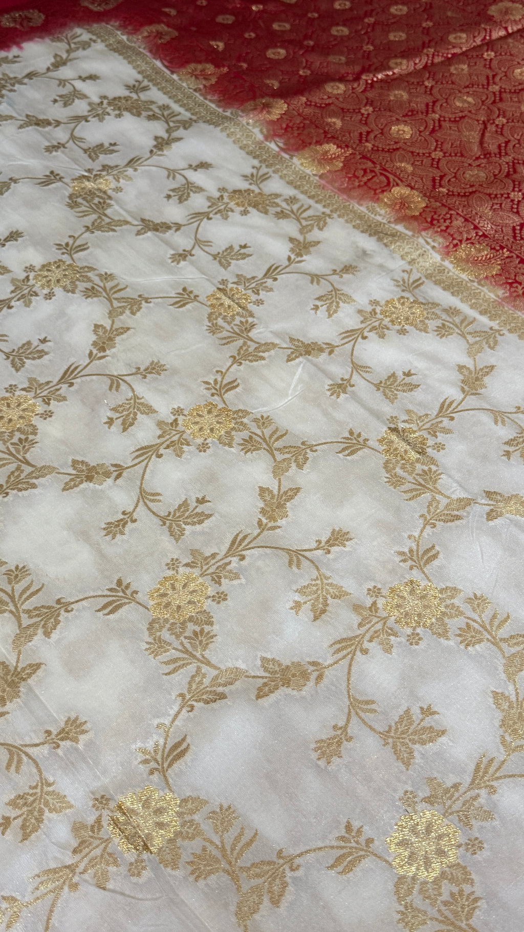 Ivory & Red Dola Silk Saree | Elegant Woven Floral Design | Traditional Banarasi Style Saree