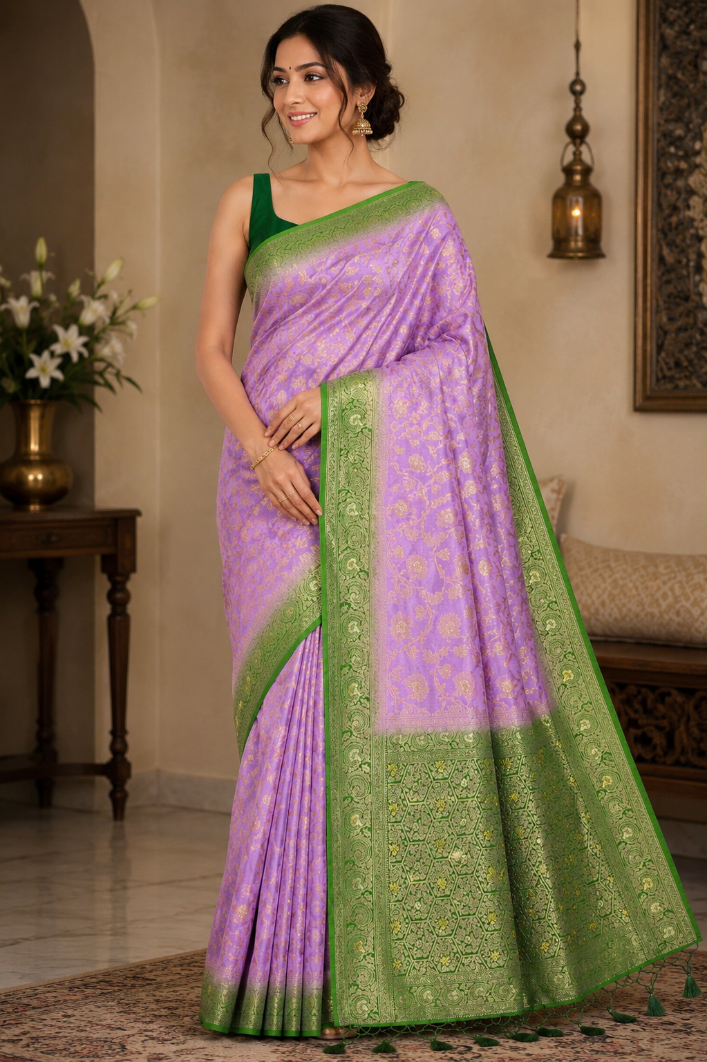 Lavender Dola Silk Saree, Banarasi Zari Woven Floral, Festive Wedding Party Wear