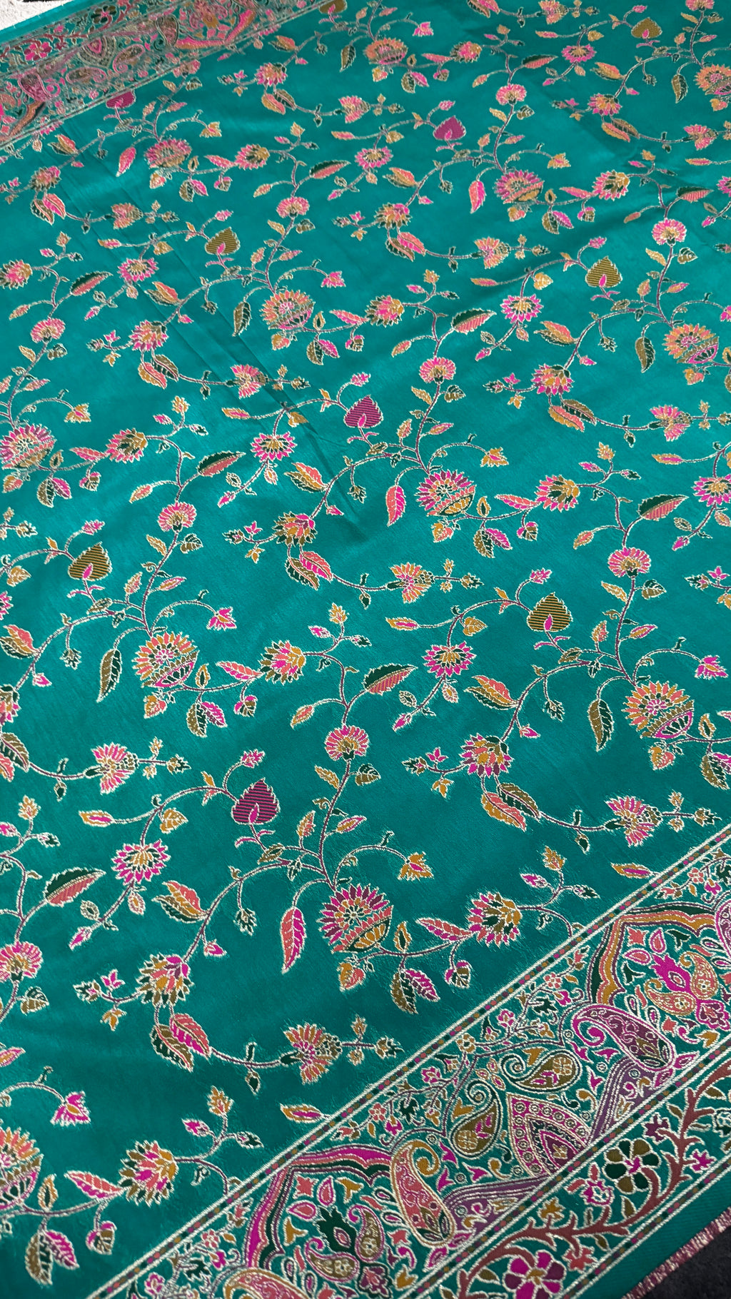 Teal Blue Pashmina Silk Saree, Kashmiri Floral Woven Paisley Border