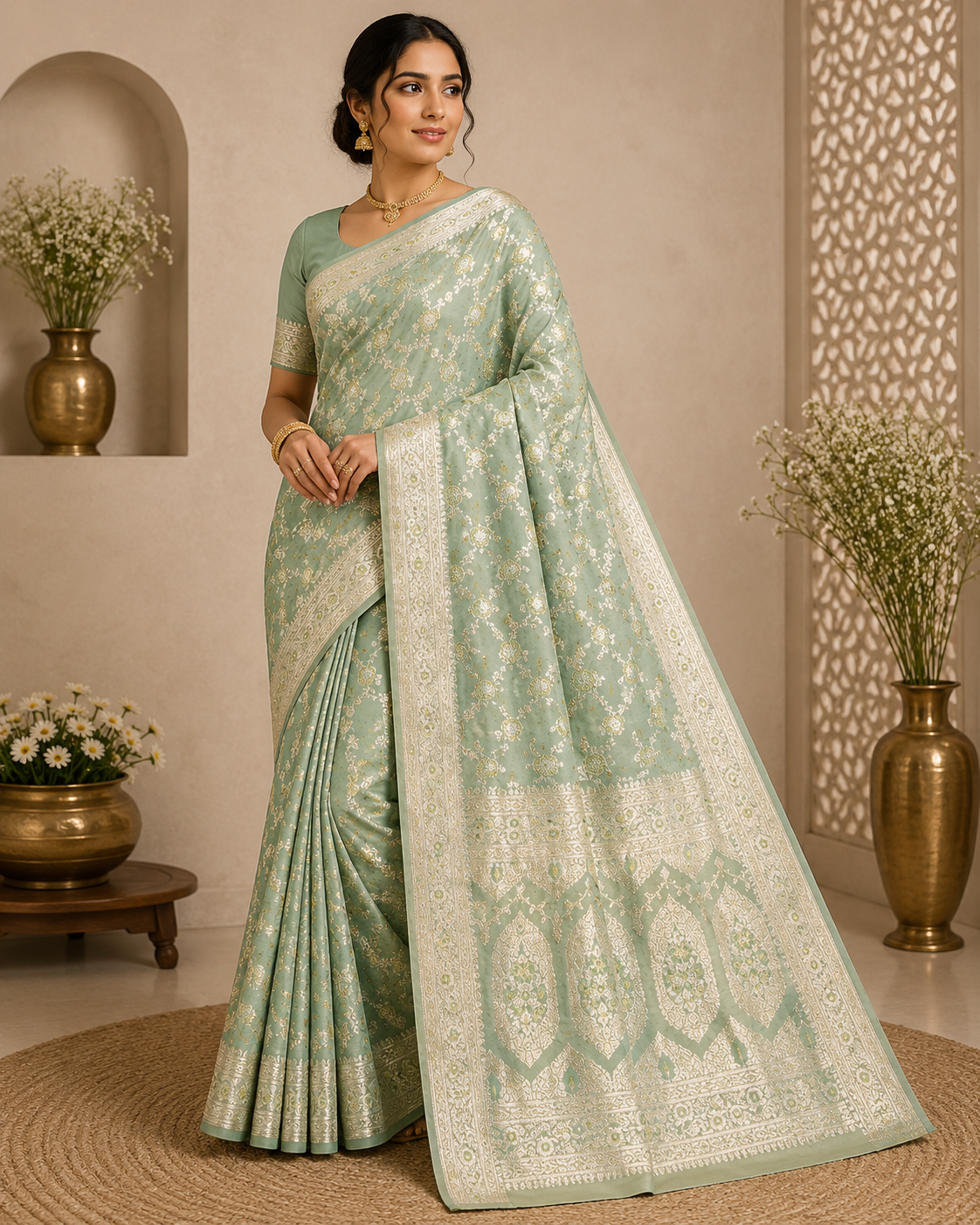 Pure Katan Silk Saree: Sage Green Zari Weave, Floral Motifs, Traditional Indian Wedding Wear