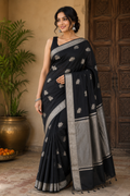 Black Cotton Saree, Silver Zari Woven Border, Traditional Indian Festive Wear