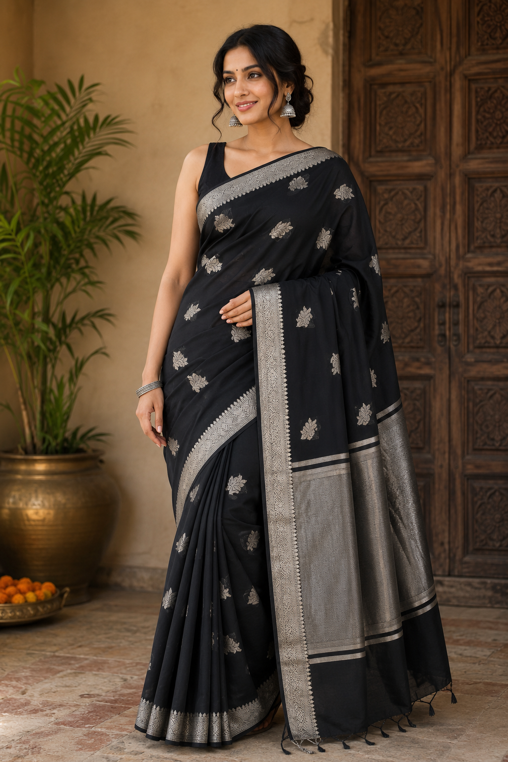 Black Cotton Saree, Silver Zari Woven Border, Traditional Indian Festive Wear