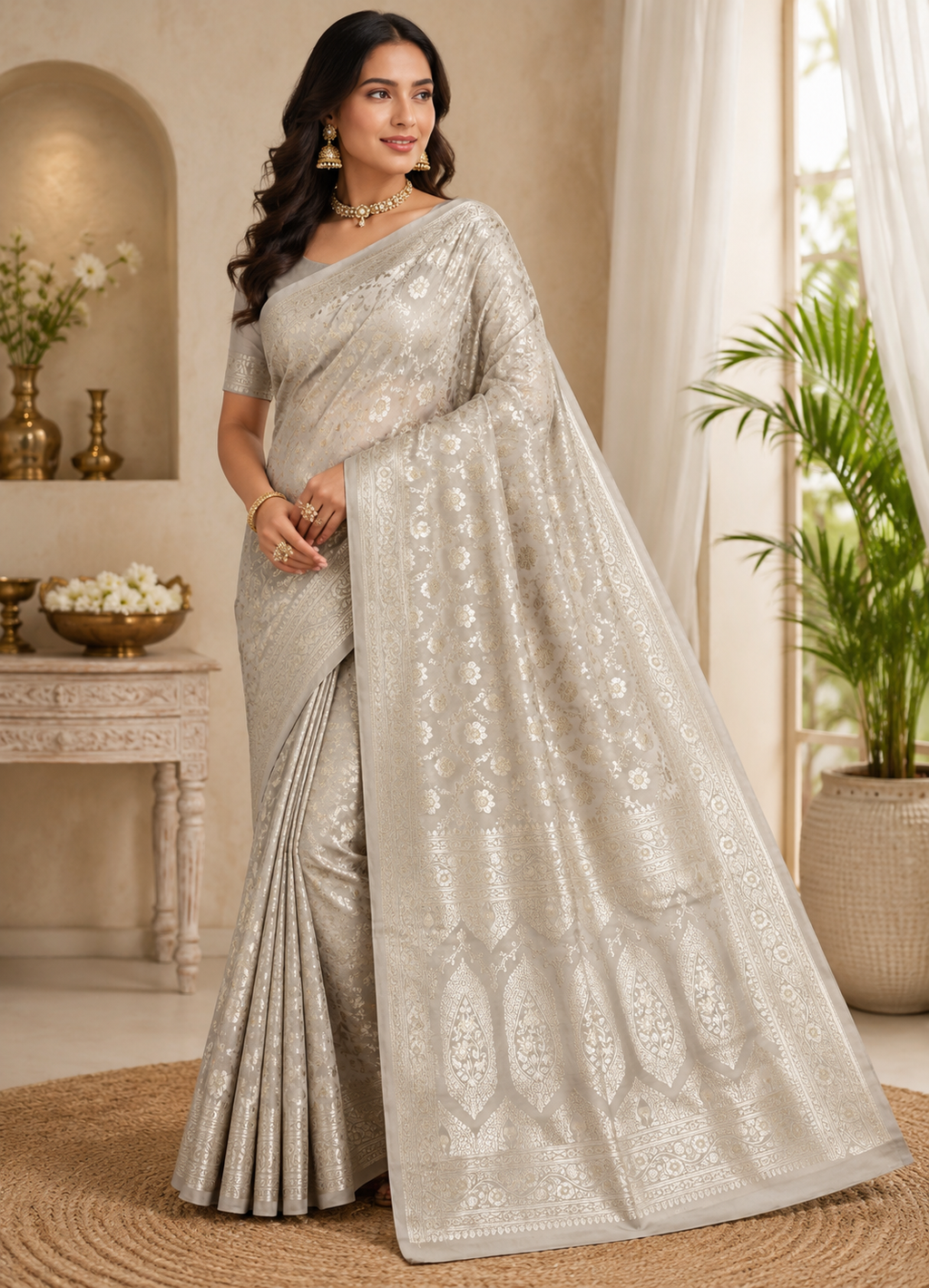Pure Katan Silk Saree: Pearl Silver Floral Zari Woven Indian Wedding Festive Traditional Bridal