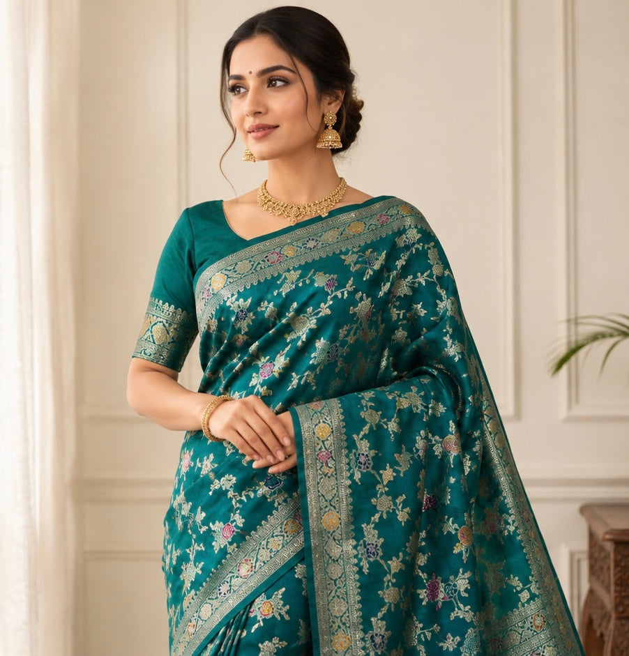 Teal Georgette Silk Saree with Elegant Woven Floral Design – Traditional Indian Ethnic Wear
