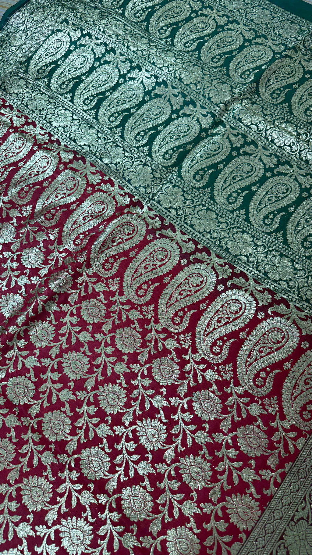 Maroon Green Banarasi Silk Saree, Gold Zari Floral Paisley Wedding Saree