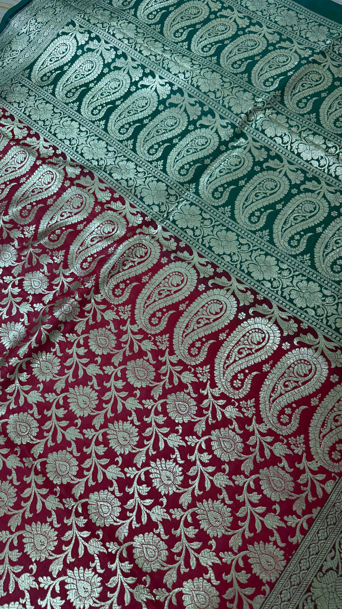 Maroon Green Banarasi Silk Saree, Gold Zari Floral Paisley Wedding Saree