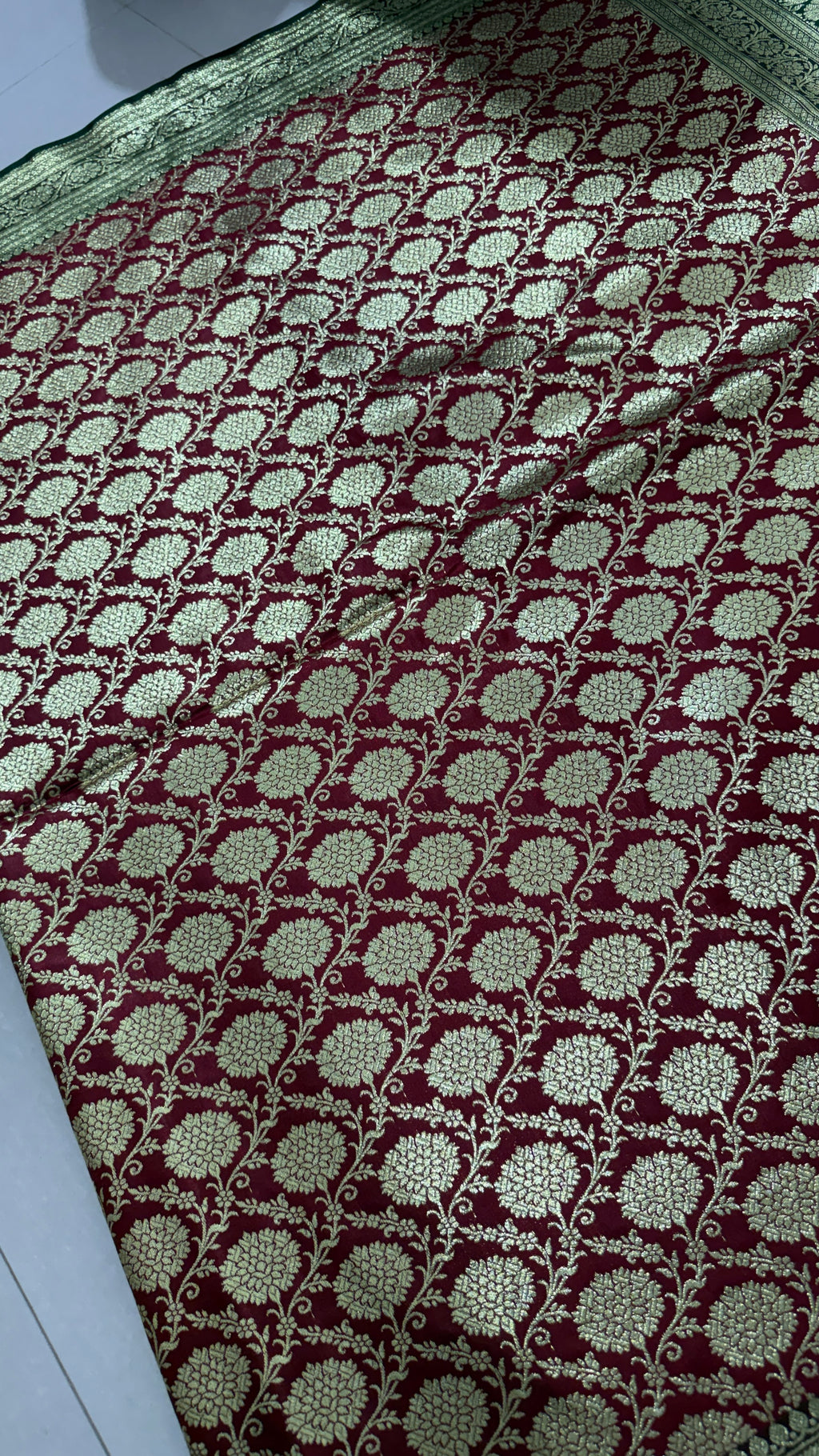 Maroon Green Banarasi Silk Saree, Gold Zari Floral Wedding Saree