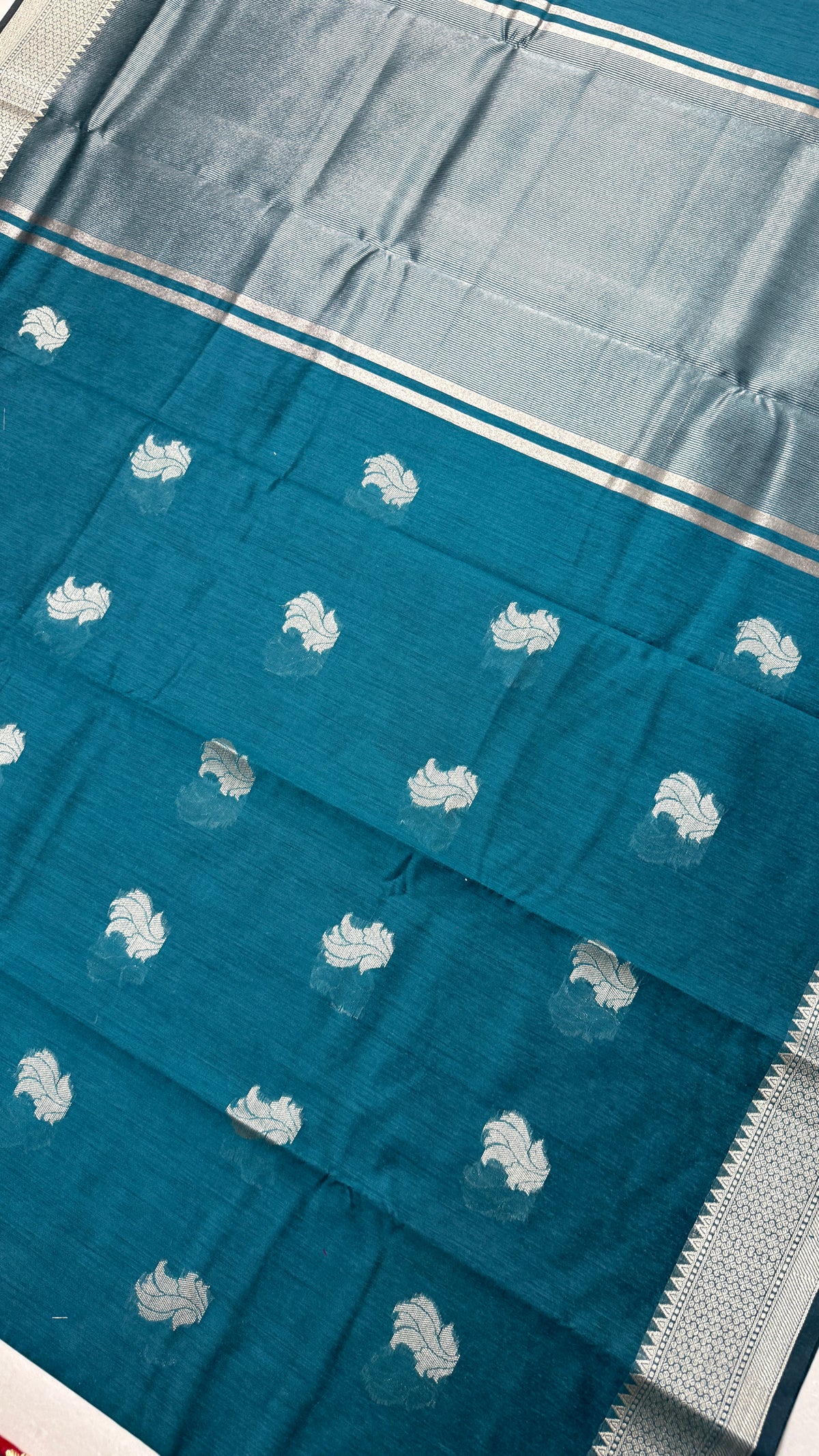 Teal Cotton Saree, Silver Zari Woven Border, Traditional Indian Festive Wear