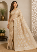 Pure Katan Silk Saree: Champagne Beige Floral Zari Woven Indian Wedding Festive Wear