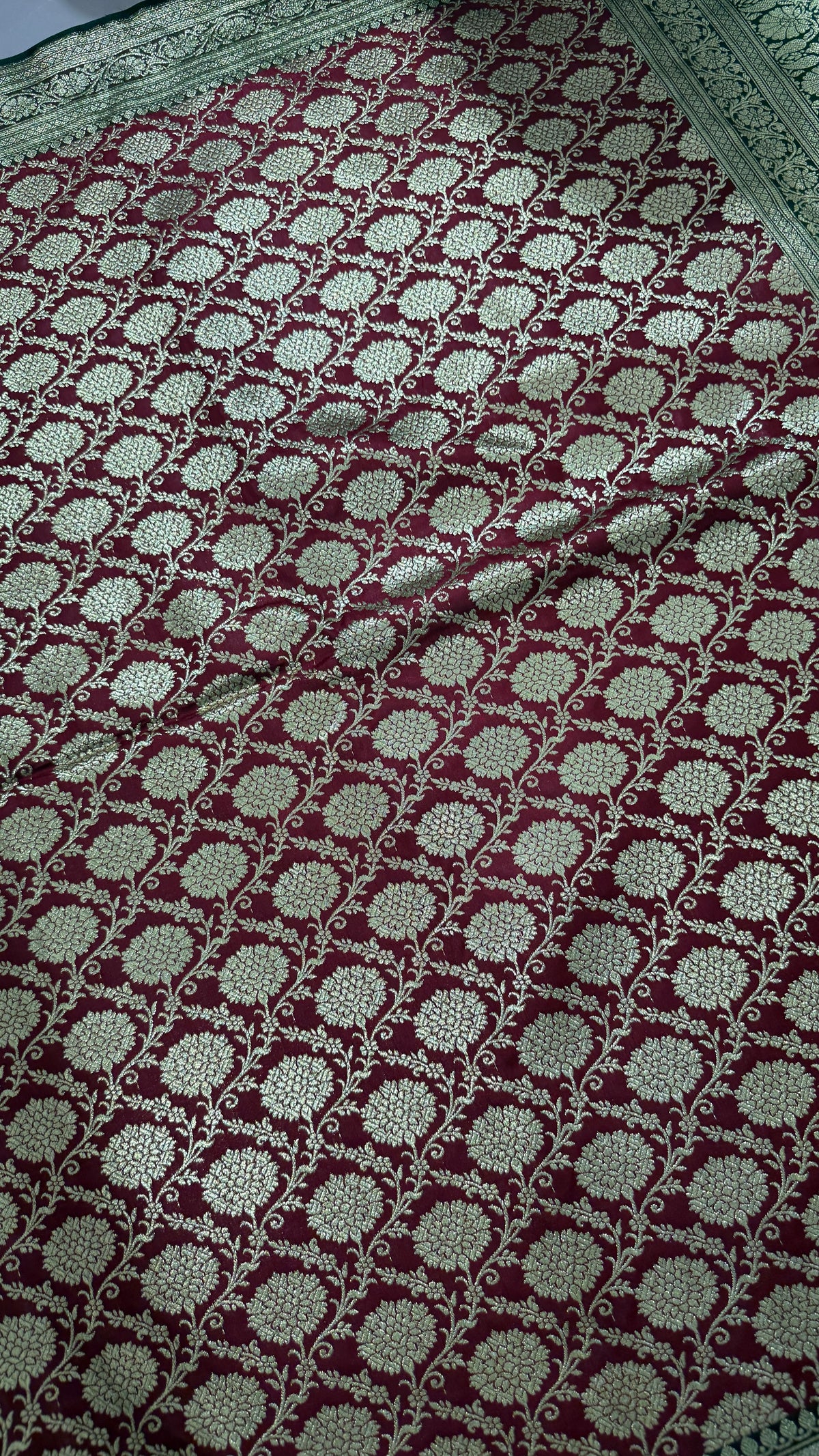 Maroon Green Banarasi Silk Saree, Gold Zari Floral Wedding Saree
