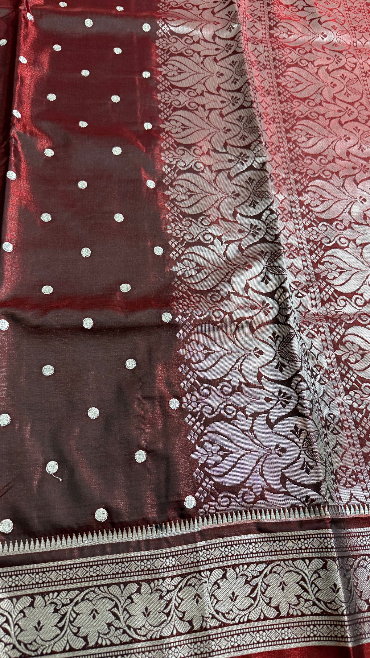 Wine Maroon Satin Silk Saree, Silver Zari Border, Floral Motifs, Wedding Wear
