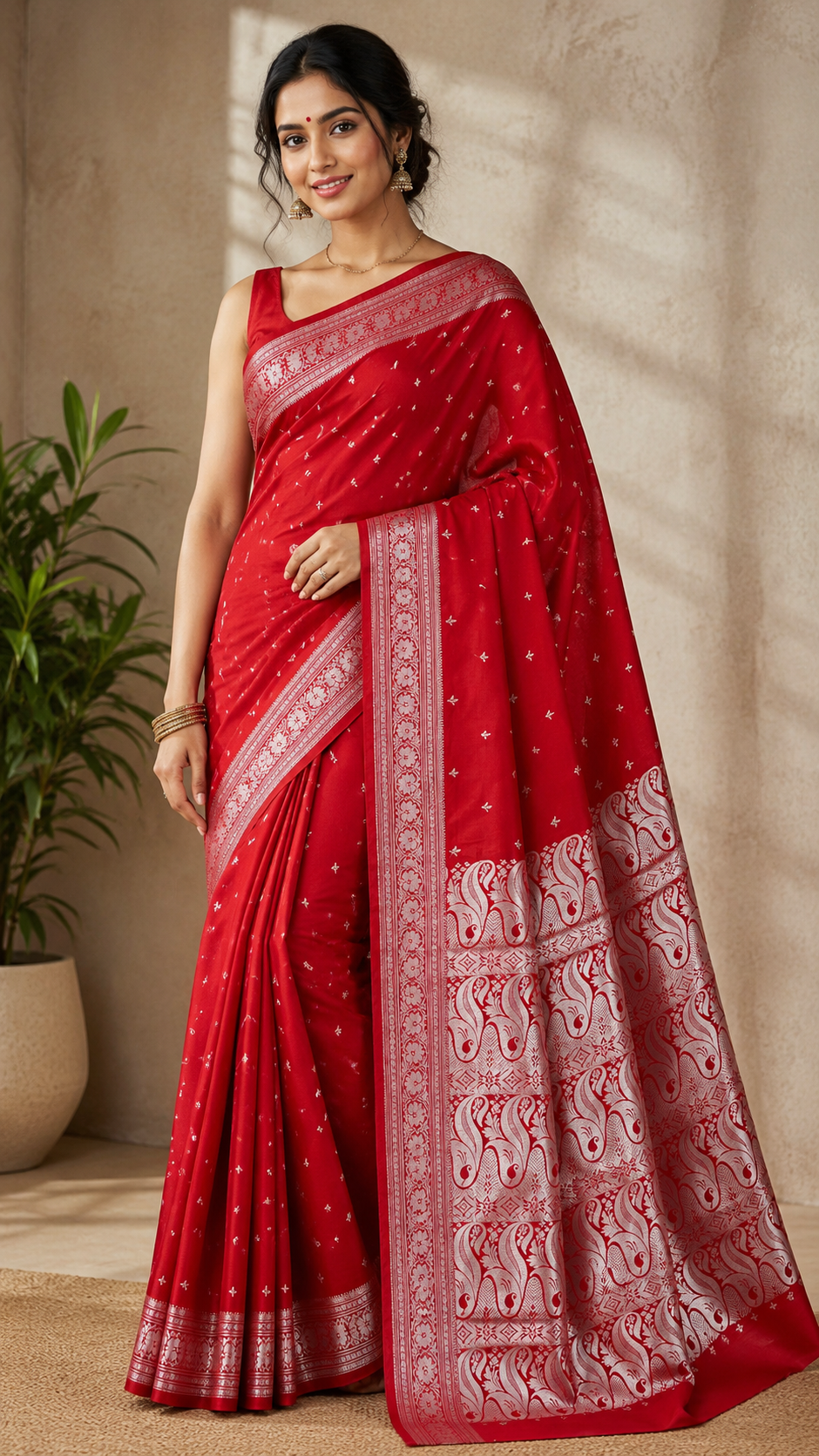 Red Satin Silk Saree, Traditional Woven Border, Festive Ethnic Wear