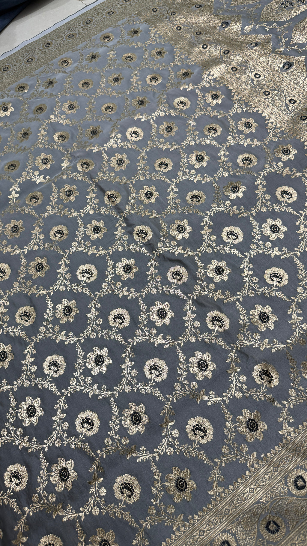 Pure Katan Silk Saree, Slate Grey Banarasi, Gold Zari Floral Weave, Wedding Ethnic Wear