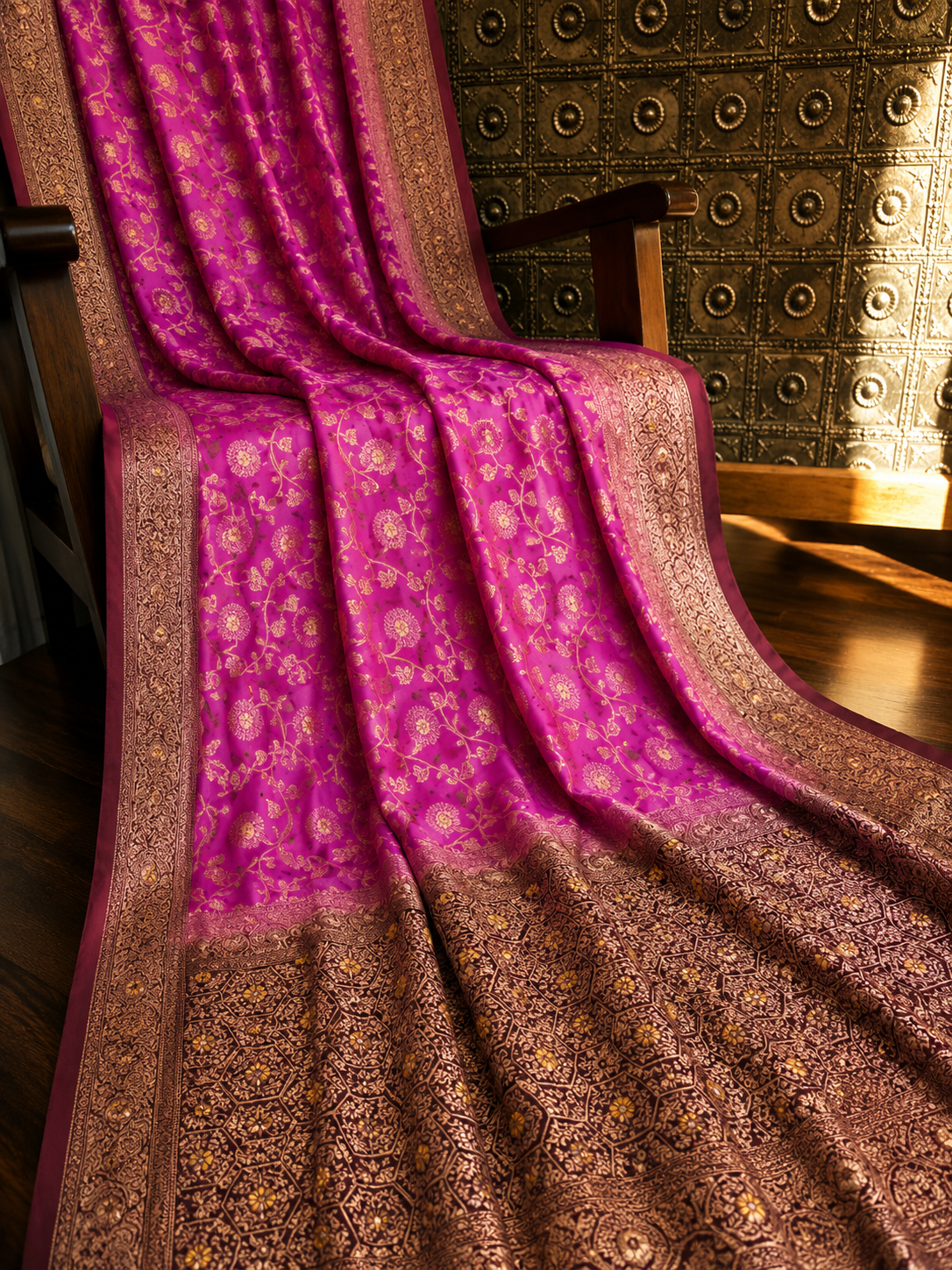 Magenta Dola Silk Saree, Banarasi Zari Woven Floral, Indian Wedding Festive Wear