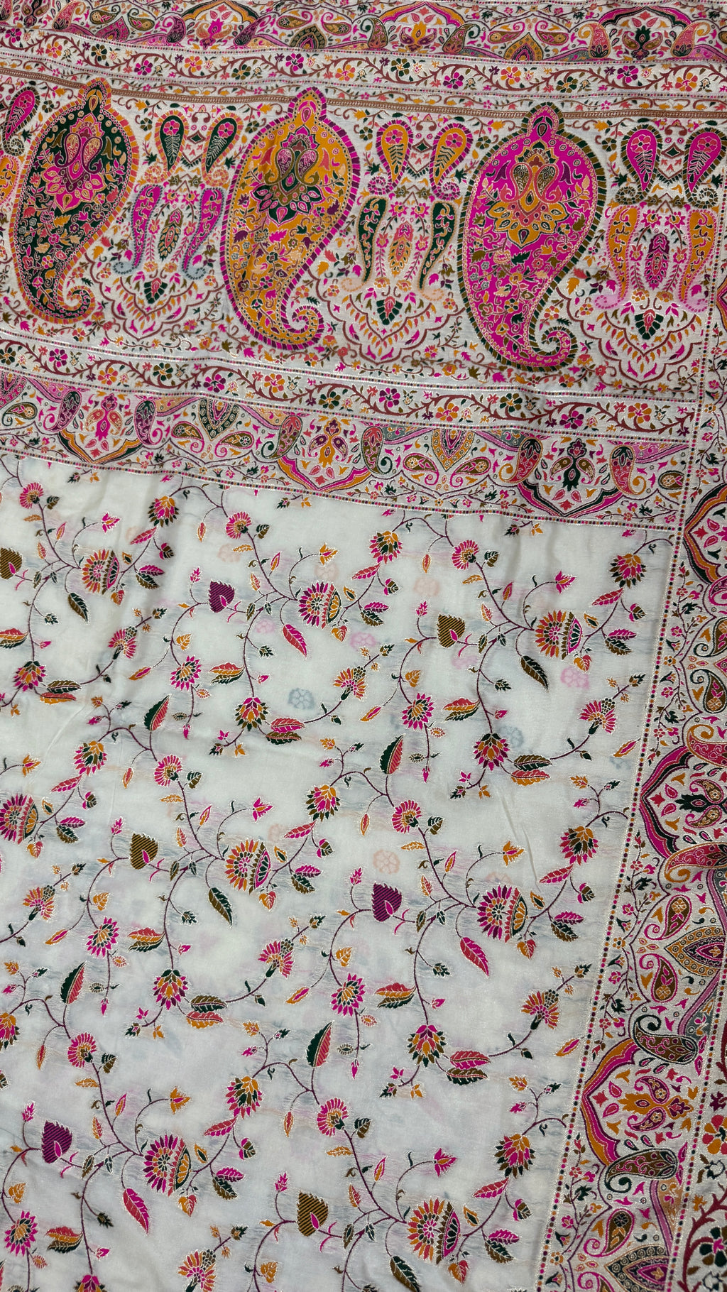 Pashmina Silk Saree | Cream Floral Printed Saree with Paisley Border | Indian Ethnic Wedding & Festive Wear