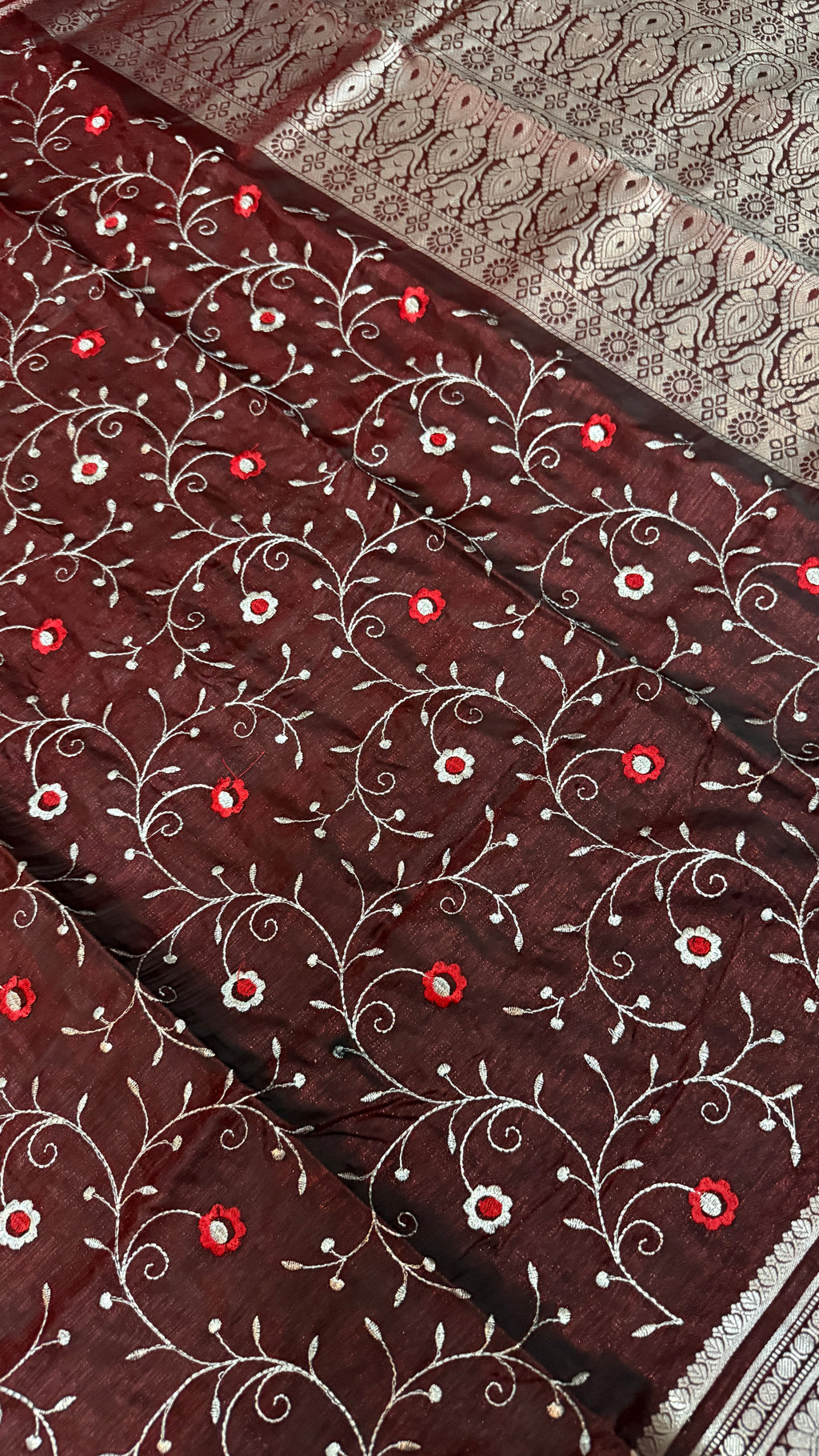 Wine Satin Silk Saree, Floral Vine, Silver Border, Paisley Pallu (Wedding Wear)