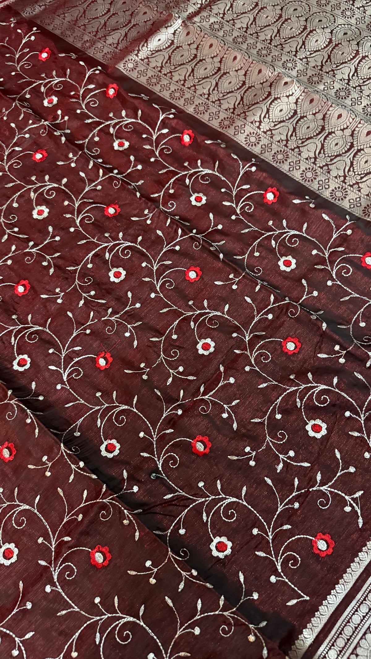 Wine Satin Silk Saree, Floral Vine, Silver Border, Paisley Pallu (Wedding Wear)