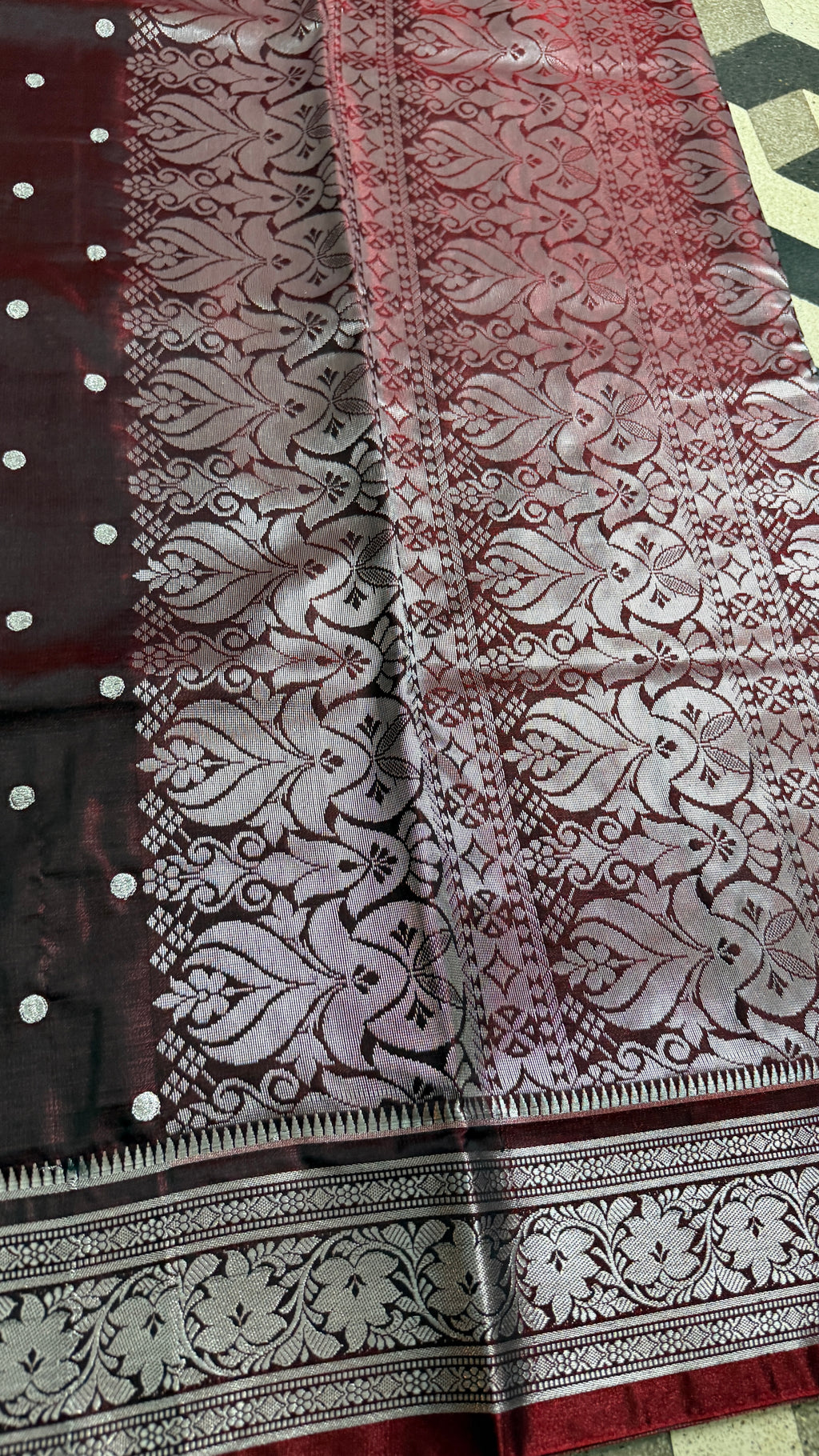 Wine Maroon Satin Silk Saree, Silver Zari Border, Floral Motifs, Wedding Wear