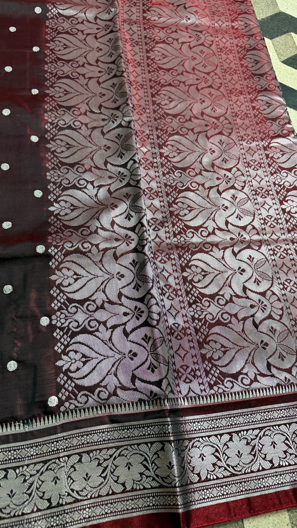 Wine Maroon Satin Silk Saree, Silver Zari Border, Floral Motifs, Wedding Wear