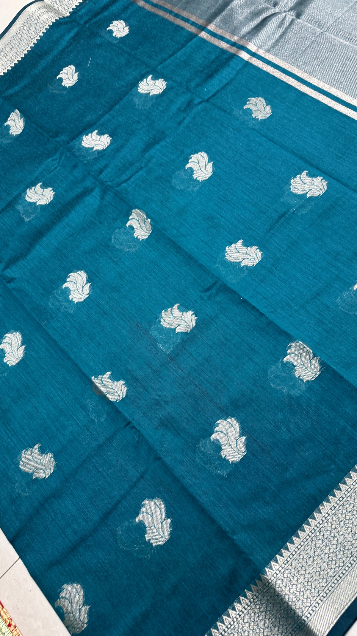 Teal Cotton Saree, Silver Zari Woven Border, Traditional Indian Festive Wear