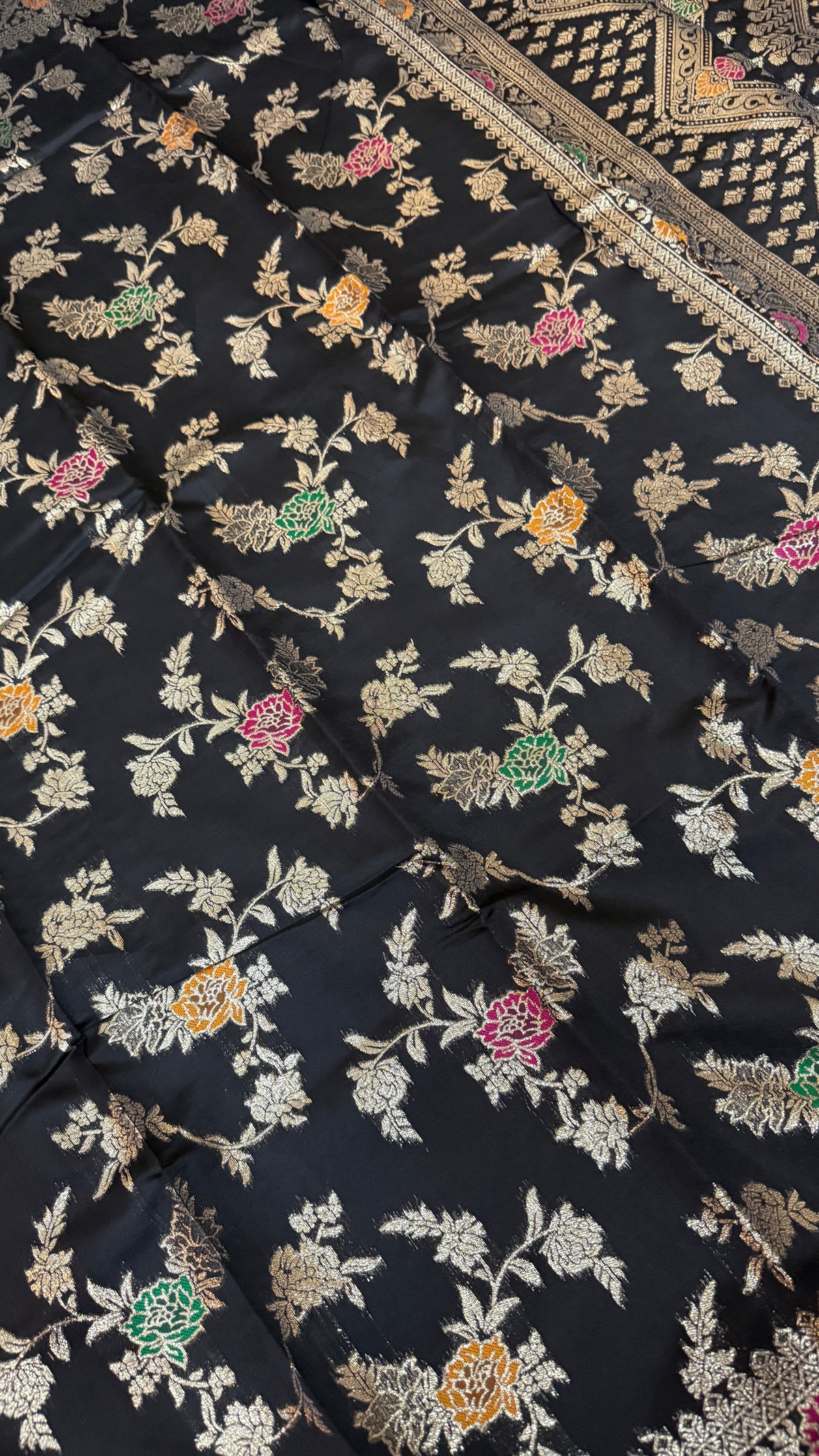 Black Georgette Silk Saree, Floral Zari, Traditional Wedding Wear