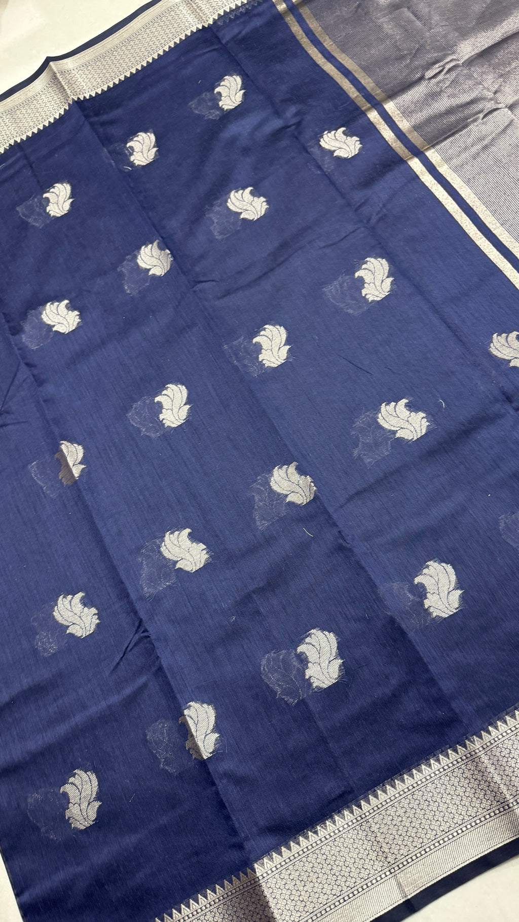 Navy Blue Cotton Saree with Silver Zari Border, Handloom Festive Wear