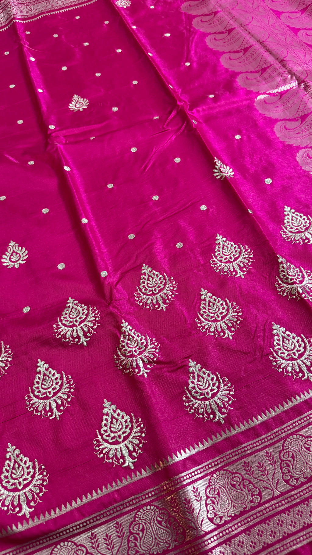 Magenta Pink Satin Silk Saree, Silver Zari Border, Festive Indian Wedding Wear