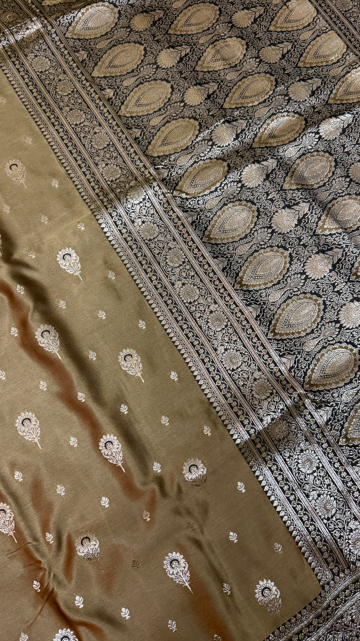 Olive Brown Silk Saree with Zari Work, Floral & Paisley Motifs (Traditional Indian Wear)