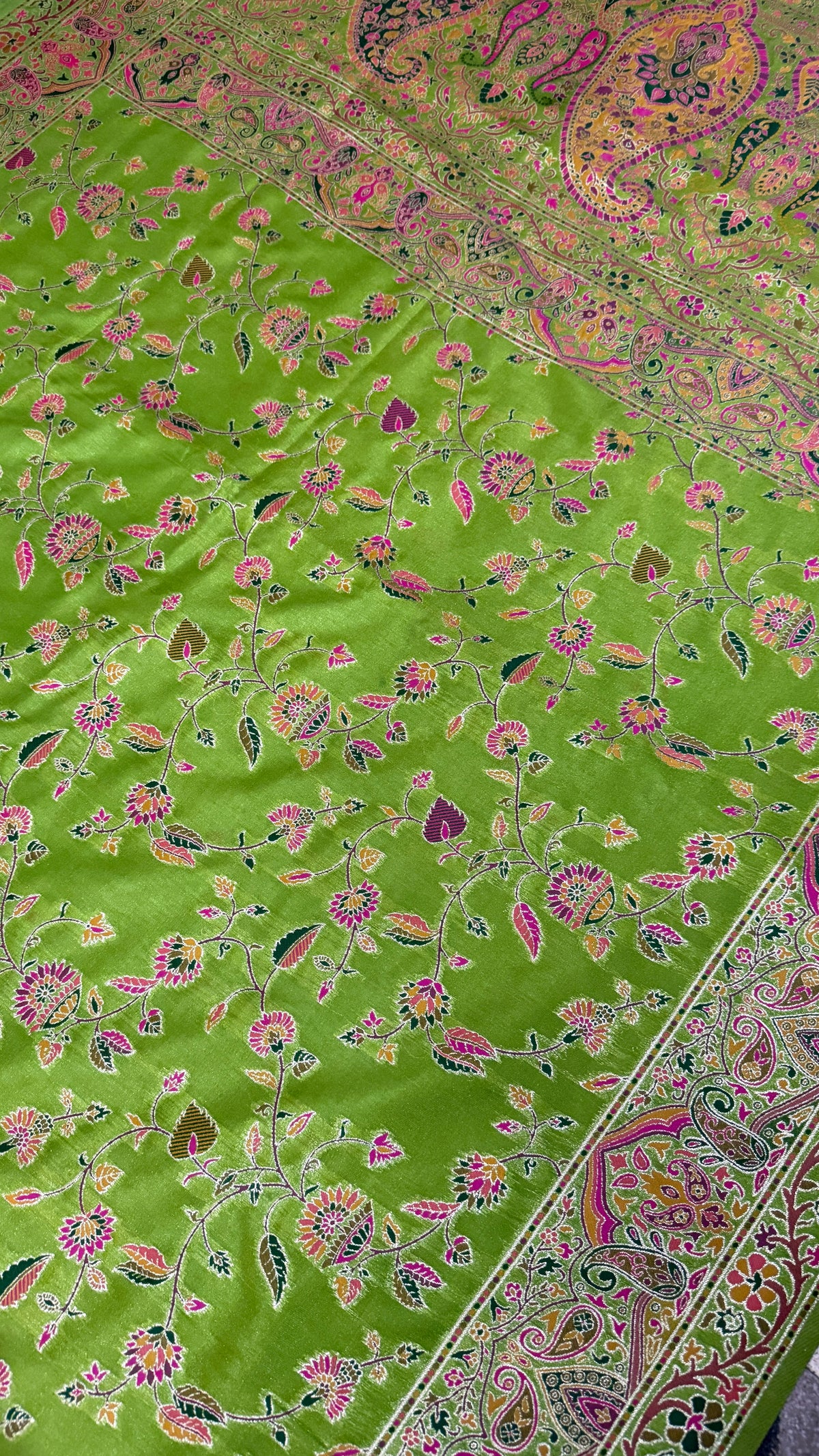 Green Pashmina Silk Saree, Kashmiri Floral Woven, Paisley Border, Festive Ethnic Wear
