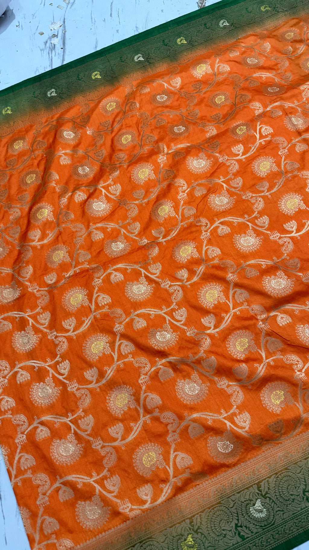 Orange Dola Silk Saree, Banarasi Zari Woven Floral Motifs, Festive Wedding Wear