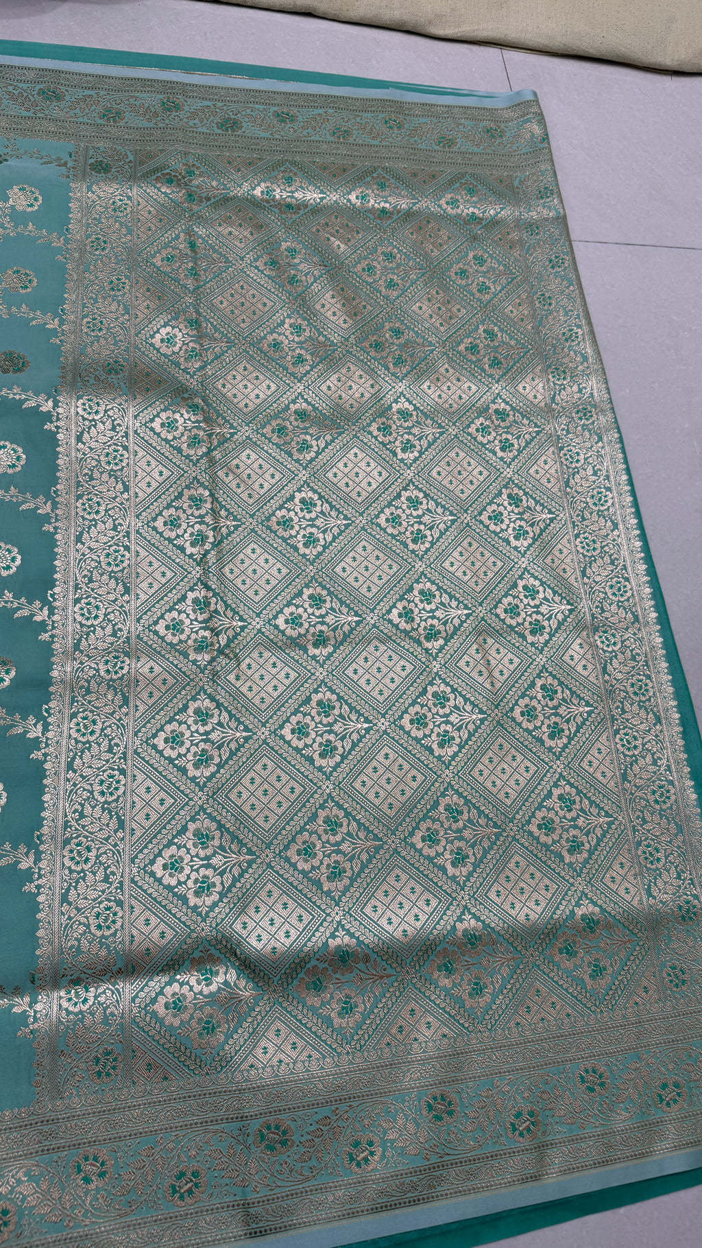 Pure Katan Silk Banarasi Saree, Aqua Blue Handwoven Silver Zari Wedding Saree