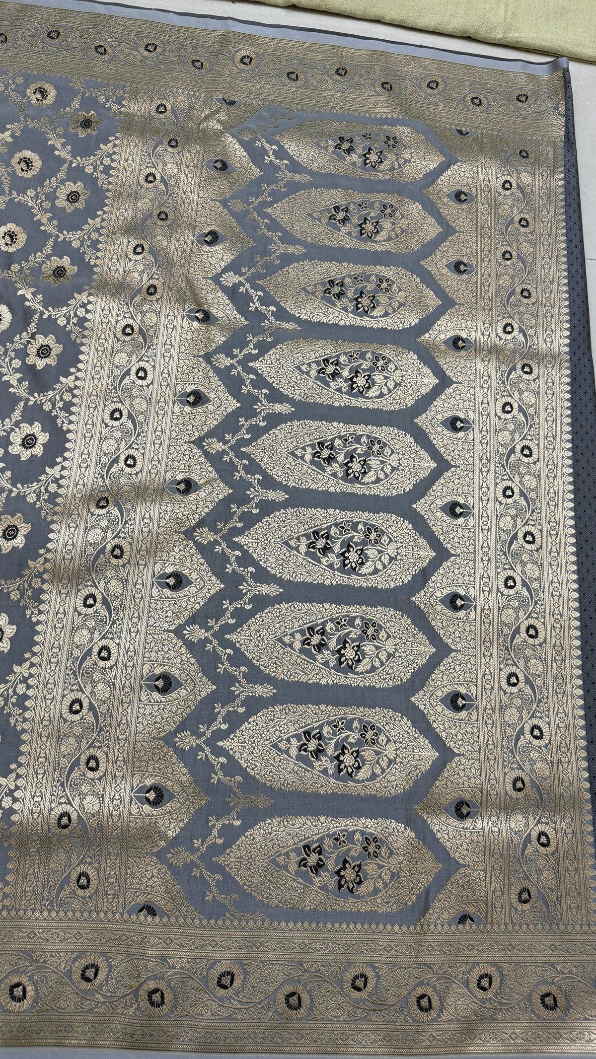 Pure Katan Silk Saree, Slate Grey Banarasi, Gold Zari Floral Weave, Wedding Ethnic Wear