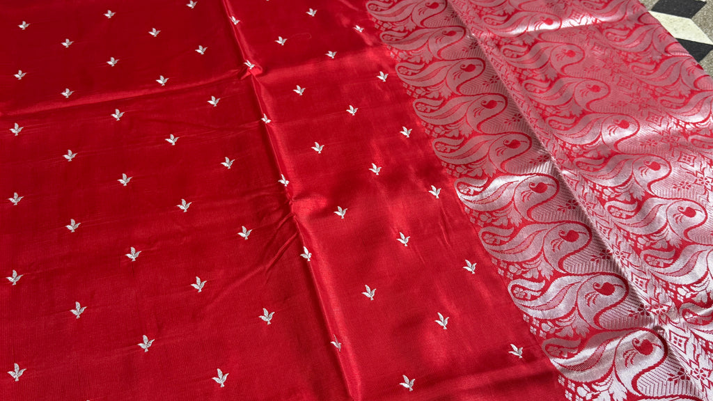 Red Satin Silk Saree, Traditional Woven Border, Festive Ethnic Wear