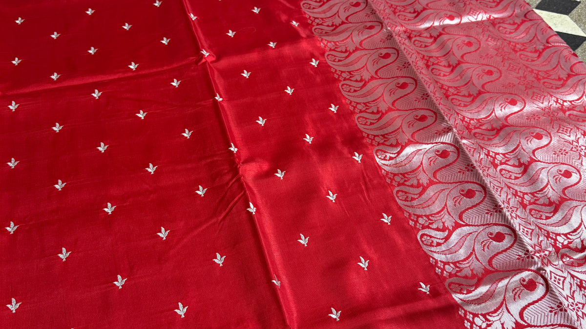Red Satin Silk Saree, Traditional Woven Border, Festive Ethnic Wear