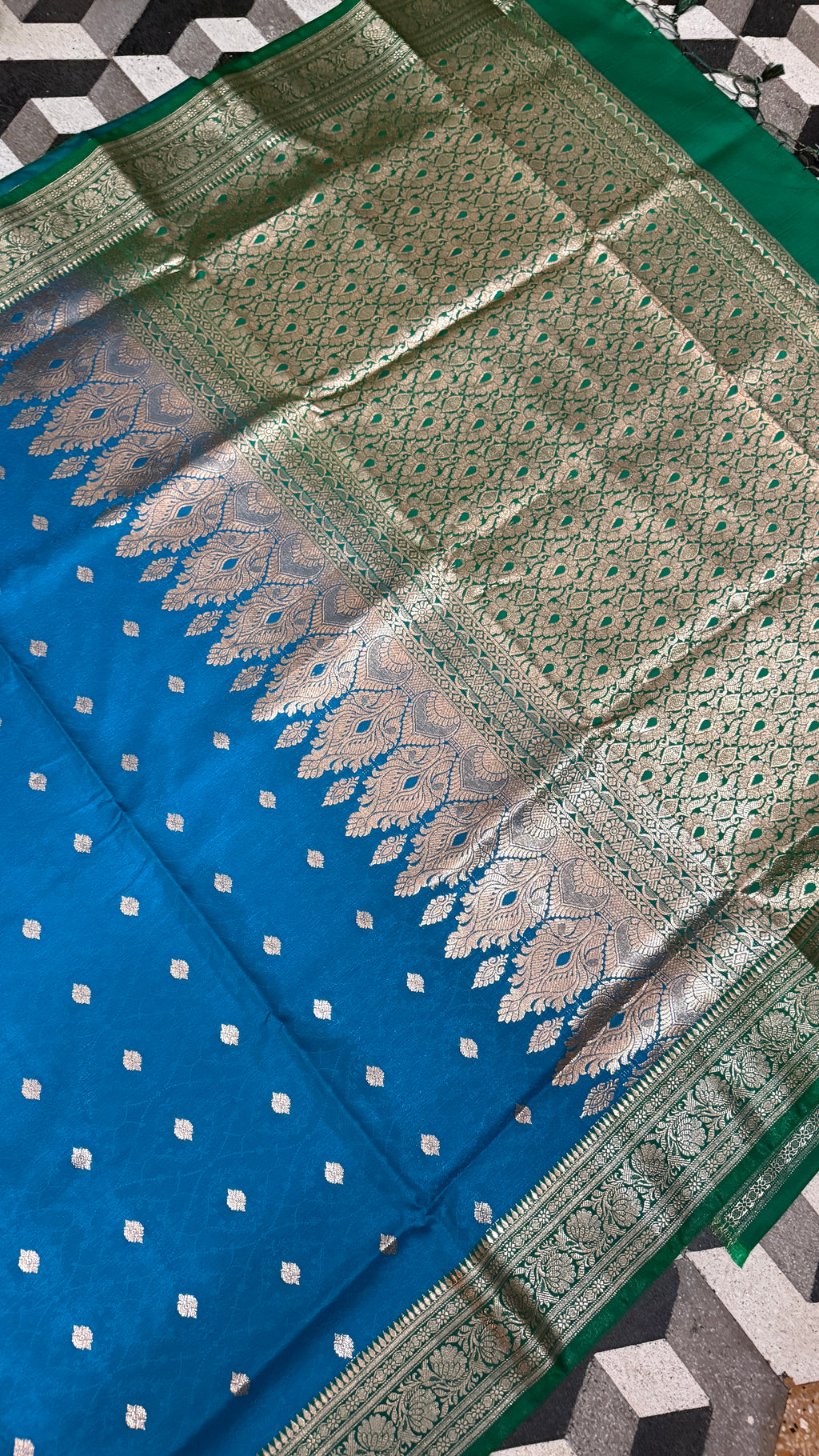 Royal Blue Green Banarasi Silk Saree, Golden Zari Woven Wedding Ethnic Wear