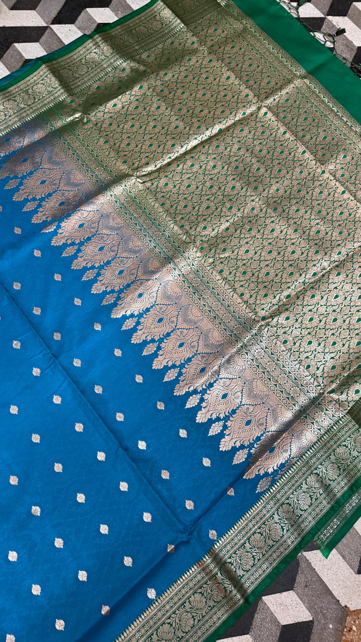 Royal Blue Green Banarasi Silk Saree, Golden Zari Woven Wedding Ethnic Wear